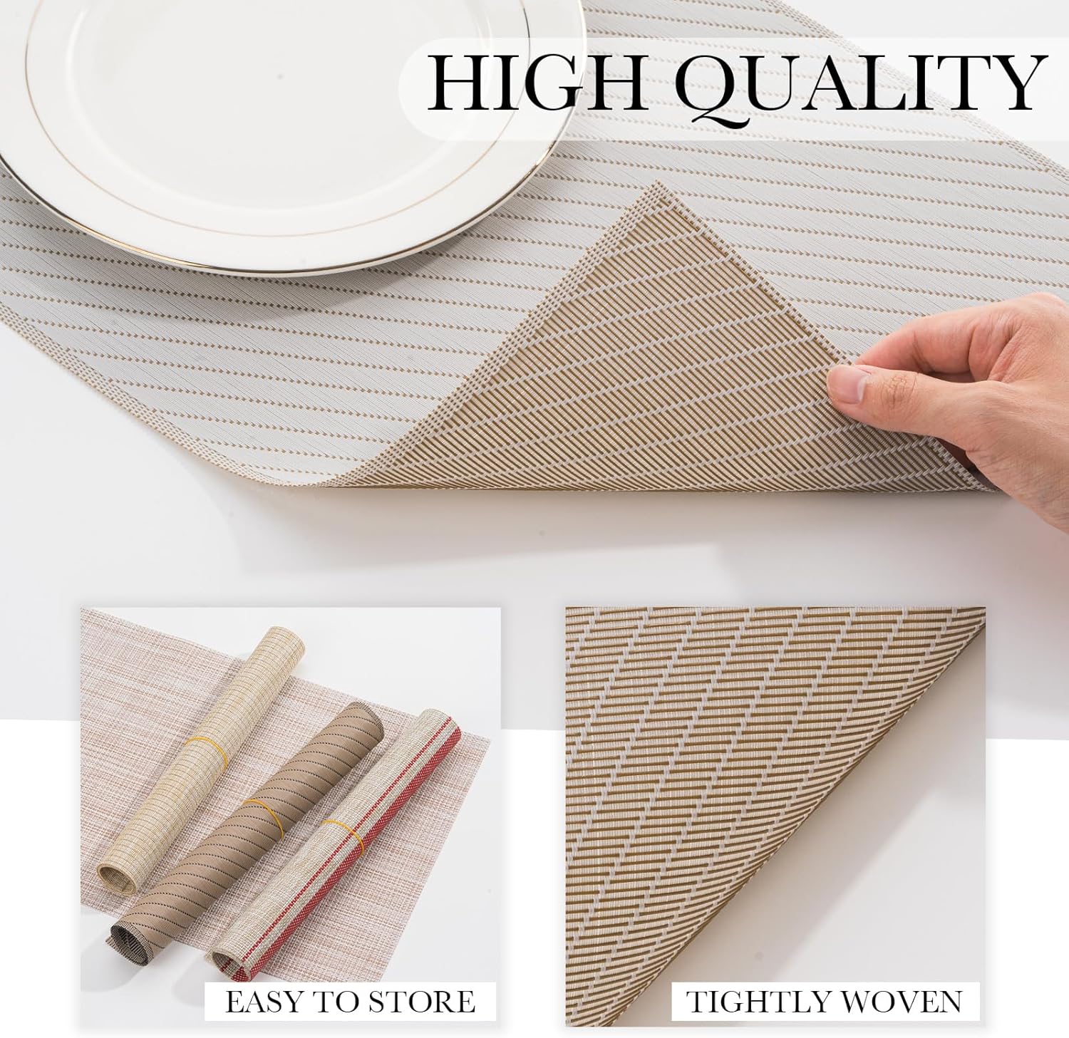 BACKTOEDEN Placemats Set of 12 Heat Resistant Washable Wipeable Placemat Woven Non-Slip Foldable Vinyl/Plastic Place Mats Indoor/Outdoor Mat Kitchen Dining Table Pad, Light Gray Twill