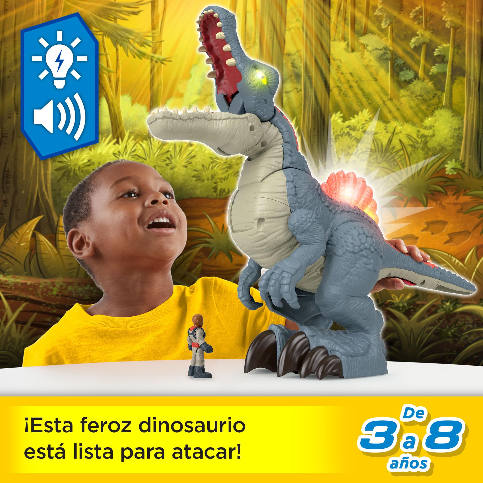 Fisher-Price Imaginext Jurassic World Ultra Snap Spinosaurus Dinosaurio de Juguete Grande con Luces, +3 años (Mattel HML41)
