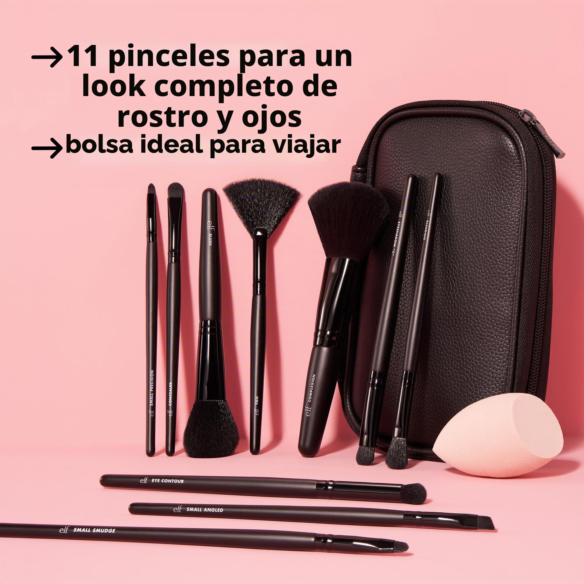 e.l.f. Full Face & Eye Makeup Brush Set, 11 pinceles de maquillaje de base a bronceador, sombra de ojos y más, vegano y libre de crueldad animal