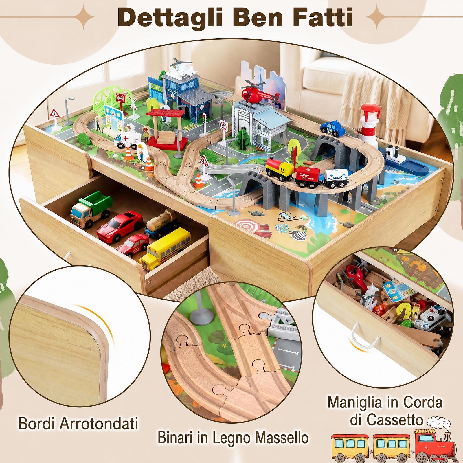COSTWAY Tavolo Attività per Bambini 3+ Anni, con 110 pz Giocattoli Trenino | Tavolino Creativo con Cassetto e Piano Reversibile e Rimovibile, con Binari, Sistema di Traffico e Mappa, per Gioco e Studio