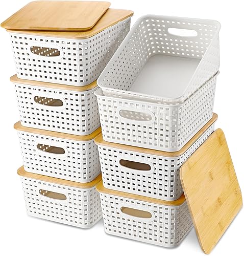 Miniatura 1 de Paquete de 8 cestas de almacenamiento de plástico con tapa de bambú de 10 x 7 x 4 pulgadas, contenedores de almacenamiento con tapa para estantes,