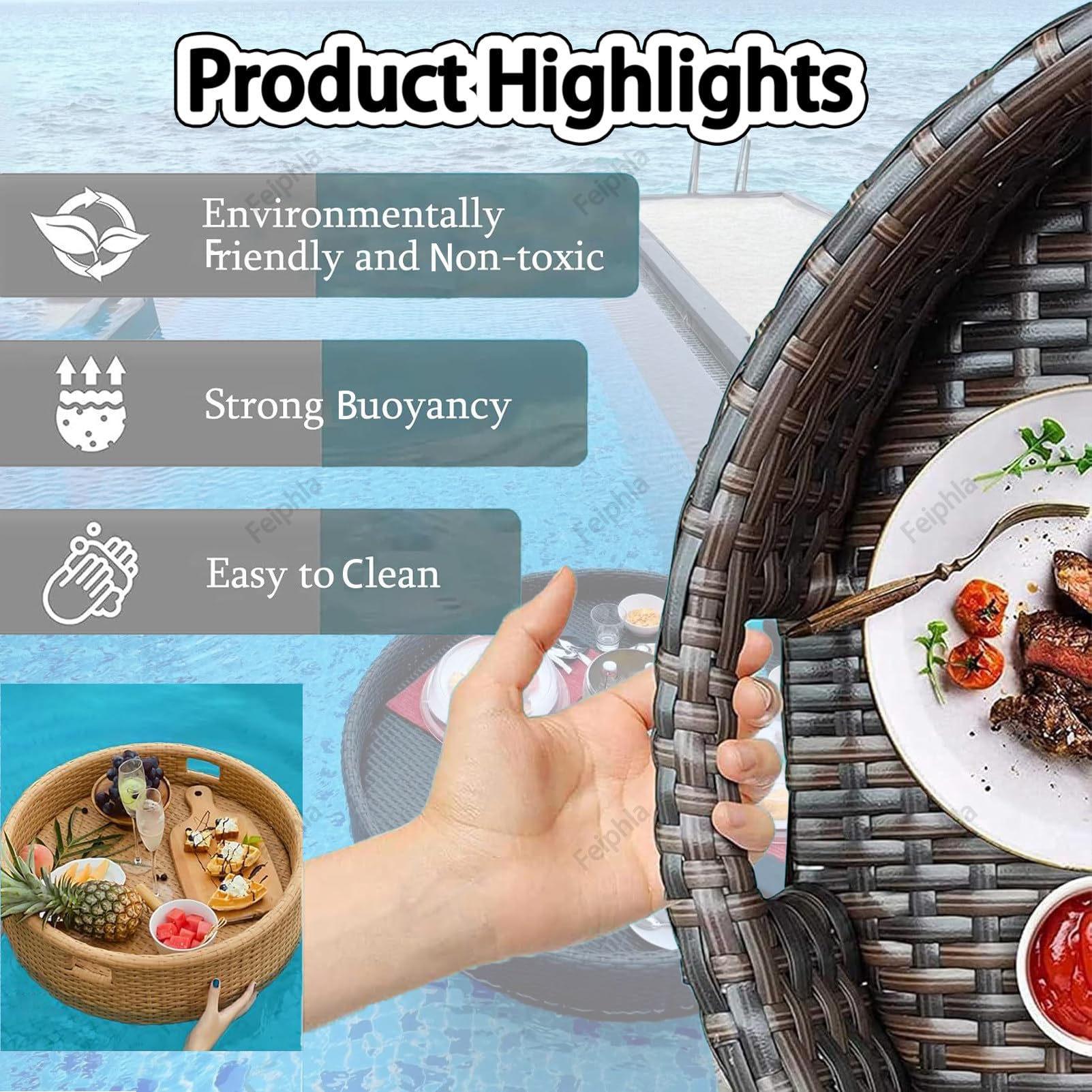 Bandeja flotante, bandeja impermeable y duradera con asas para piscinas y jacuzzis, perfecta para desayunos y fiestas en la playa, diseño redondo de 60 cm