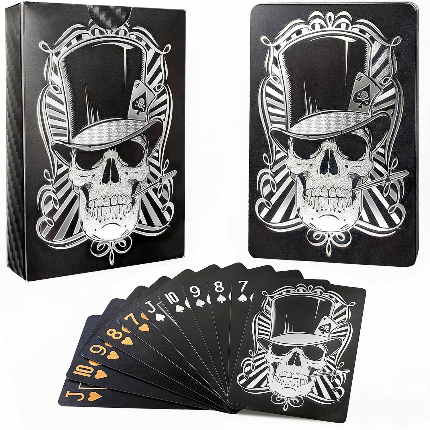 Hifireelf Skull-Inspired Artwork PVC Waterproof Plastic Playing Cards, Poker Cards with Skull Design, Highly Flexible (Silver Printing Gothic Style)