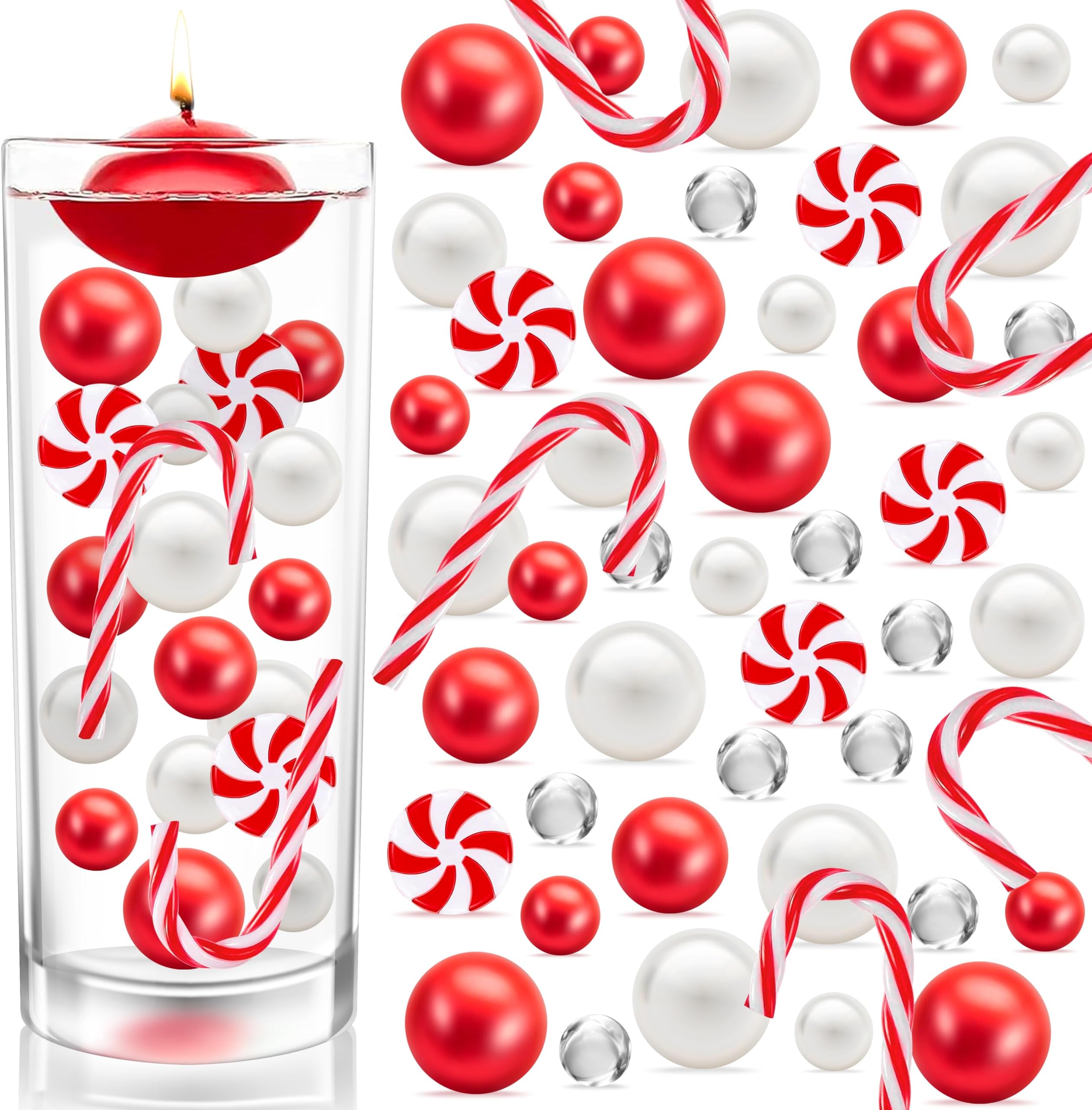 BYMORE 10000+ DIY Floating Vase Filler Kit Christmas Vase Fillers Including 10000PCS Water Gel Beads 210PCS Red WhitePearls 20PCS Candy Cane for Xmas Home Table Decor