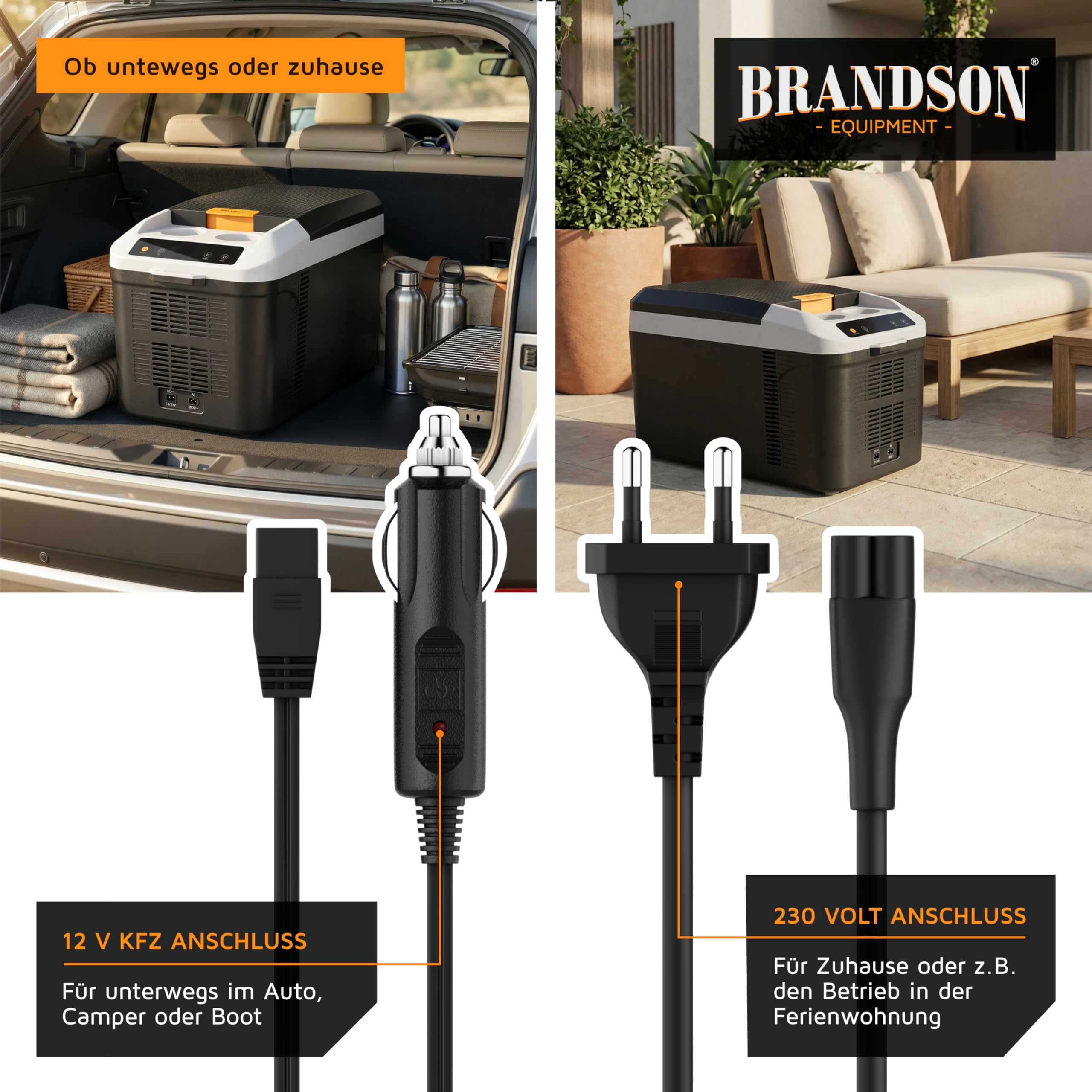 Brandson - Kfz Kühlbox elektrisch 14L – 230 V Netzspannung und 12 V KFZ Bordspannung – kühlt und wärmt – Heizen max. 65°C – Herabkühlen ca 20°C unter der Umgebungstemperatur - Auto Wohnmobil Boot