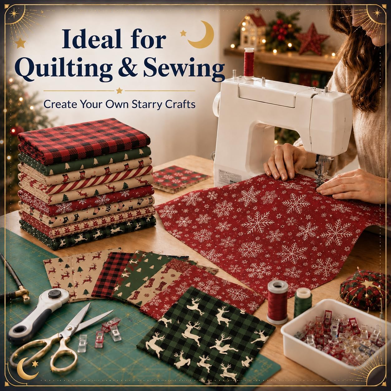 12 Pcs 100% Cotton Fat Quilting Fabric Bundles (Xmas Red Green Woodland)