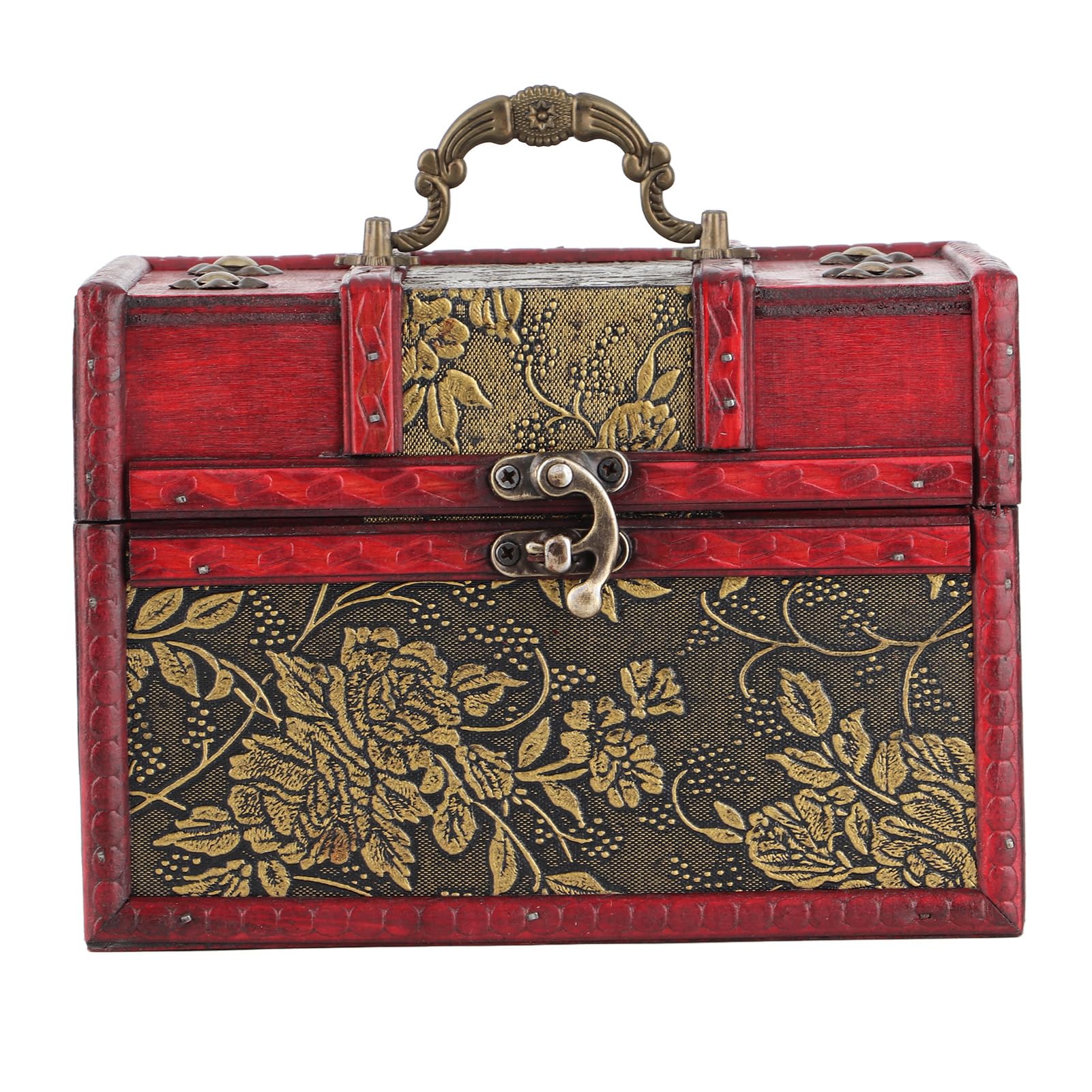 Organizer na biżuterię w stylu europejskim – przenośna drewniana witryna z zawiasami w stylu vintage, kompaktowe przechowywanie pierścionków i kolczyków (14 x 8,9 x 8,9 cm)