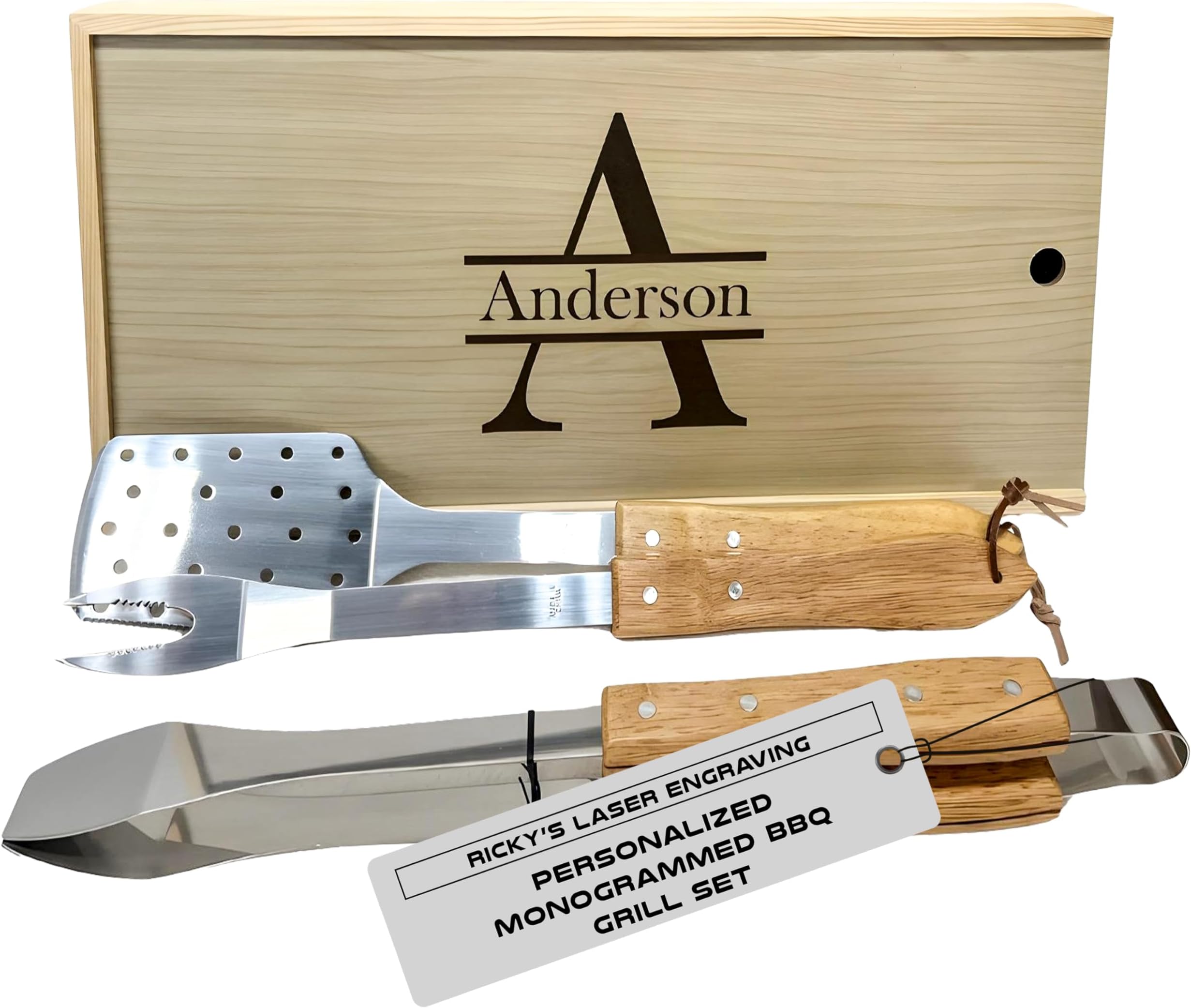 Personalized Monogrammed BBQ Grill Set - 3 Pcs Engraved Grilling Tools, Customized Wood Handles and Family Name Grilling Utensils, Stainless Steel Grill Utensils Set - Personalized BBQ Set for Dad