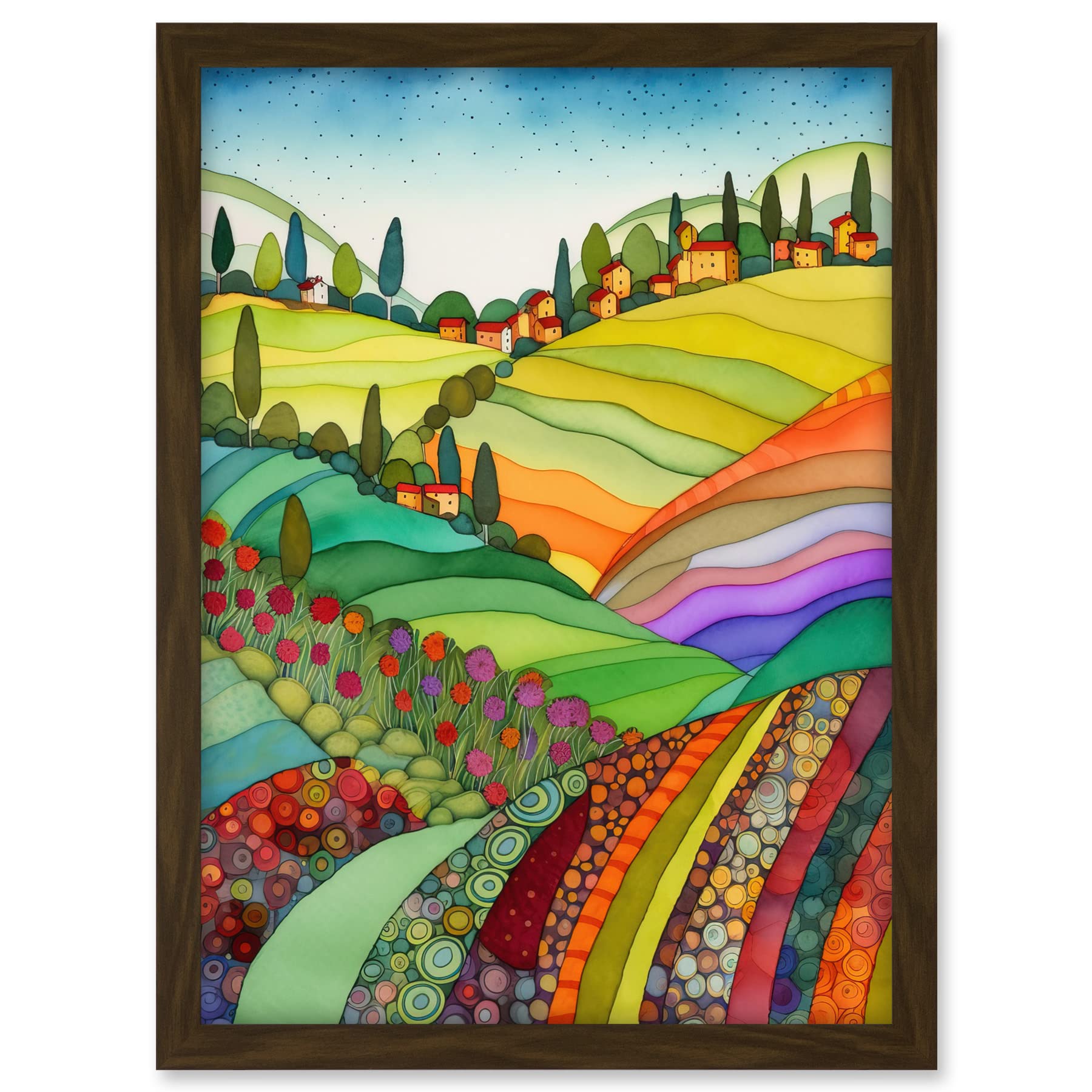 Artery8 Abstract Tuscany Hills Landscape Folk Art Artwork Framed A3 Wall Art Print