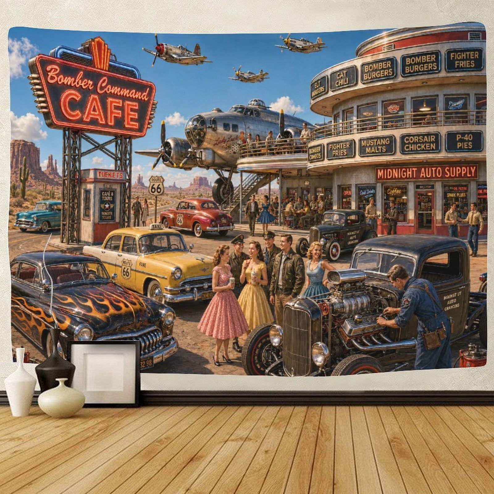 ASDFGHJKLZA Route 66 Vintage Aircraft 3D Print Tapestry Wall Art Decor Wall Hanging Decor Tapestries Home Decoration Curtain Bedroom Living Room 70cmx100cm