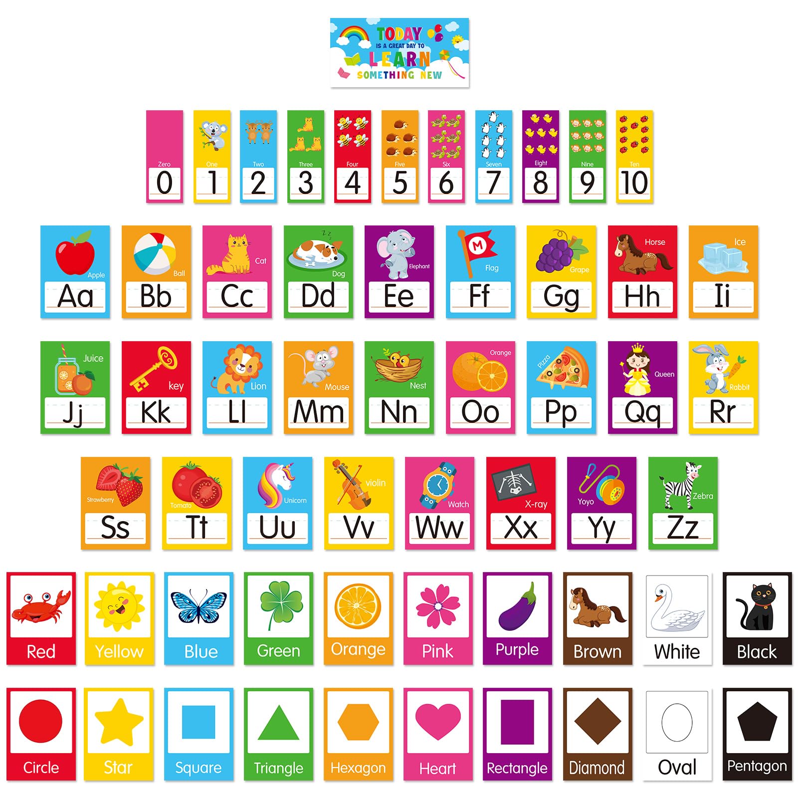 Faccito 58 Pcs Classroom Alphabet for Wall,ABC Posters Alphabet Number Bulletin Board Set Letters Colors Shapes Educational Cards Early Learning Poster for Classroom Wall Preschool Kindergarten Decor