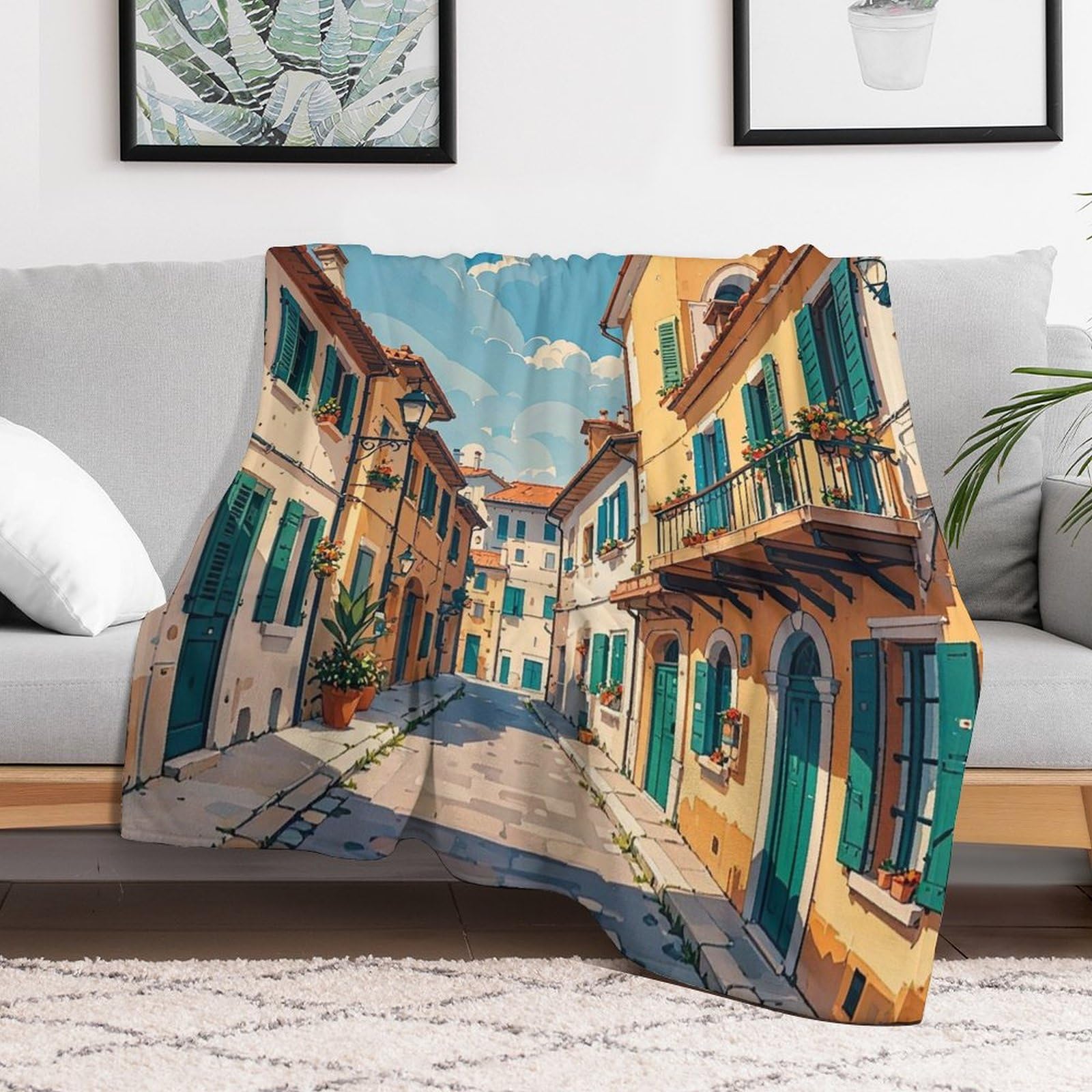 Couverture pour canapé lit confortable motif ville italienne 152x203