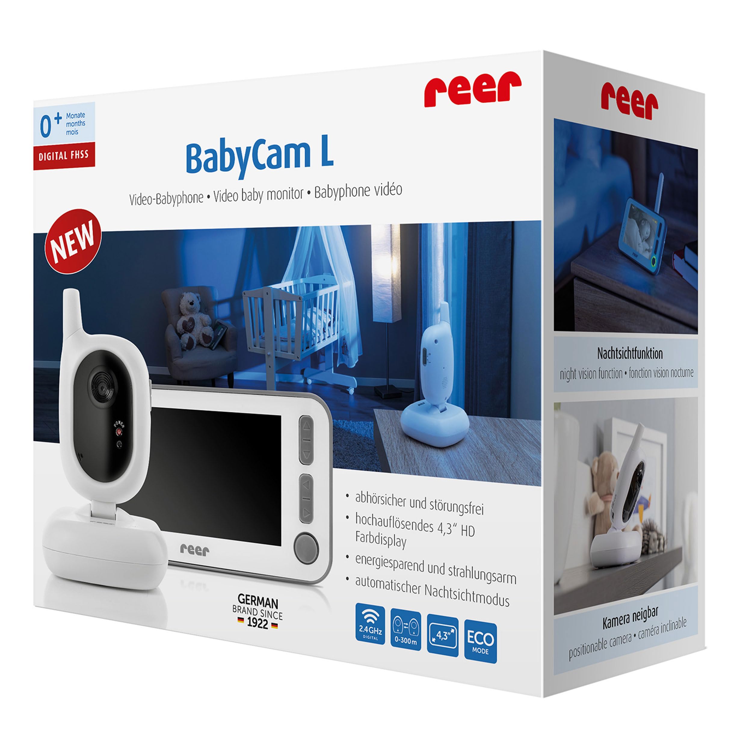 Reer Babycam L Babyphone Vidéo avec Écran Ecoute-Bébé TFT, Blanc, 4.3 Pouces, 1 Unité