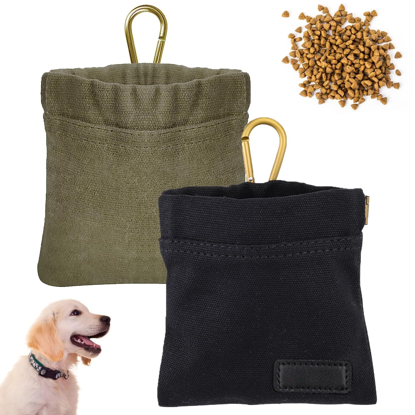 lyxdhyg 2 bolsas de golosinas para perros, cierre magnético, bolsa de comida manos libres, entrenamiento para perros con mosquetón, para pasear al perro (verde + negro)