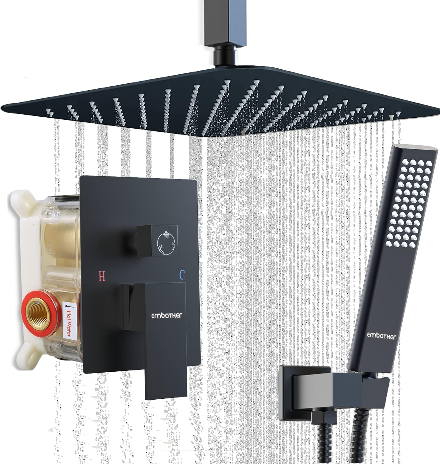 EMBATHER Black Shower System 10 Inches Ceiling Shower Faucet Set with Square Rain Shower Head