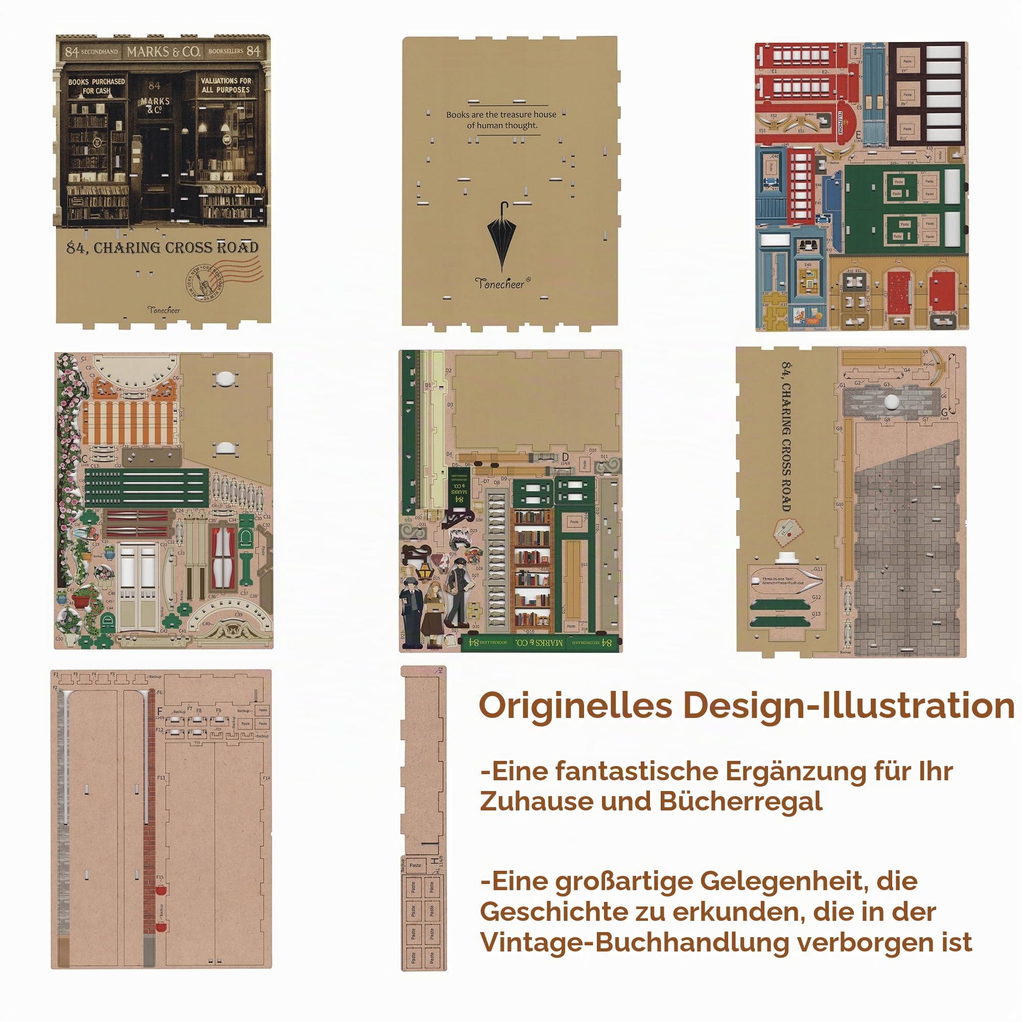 Tonecheer DIY Book Nook Kit Modellbausatz 3D Puzzle aus Holz für Erwachsene zum Baue Puppenhäuser Haus Bastelset mit Licht Personalisierte Geschenke(84 Charing Cross Road)