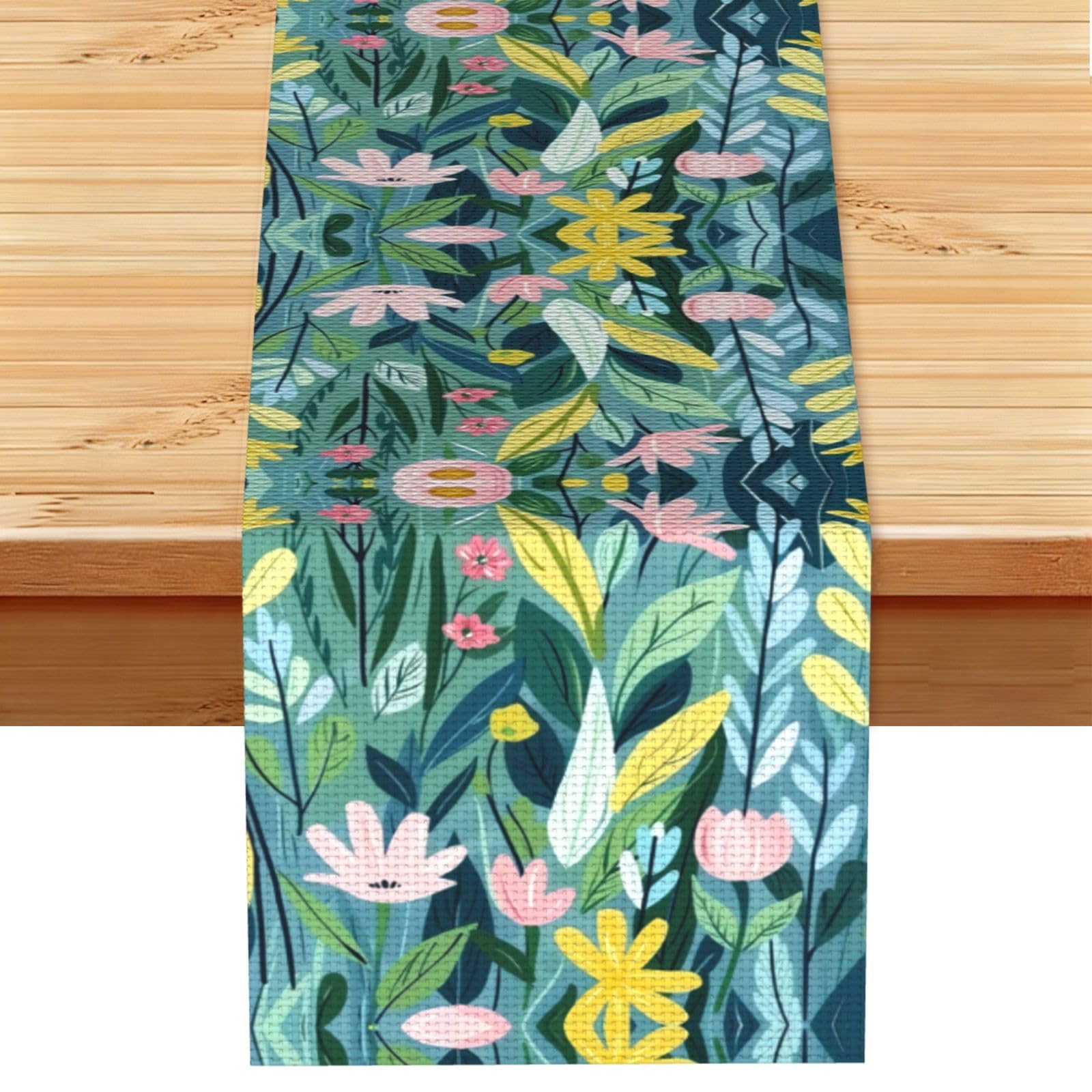 Dewy Teal Pink Florals Printed Table Runner 13 x 72, Wrinkle Resistant Decor for Dining Table Coffee Table Fireplace