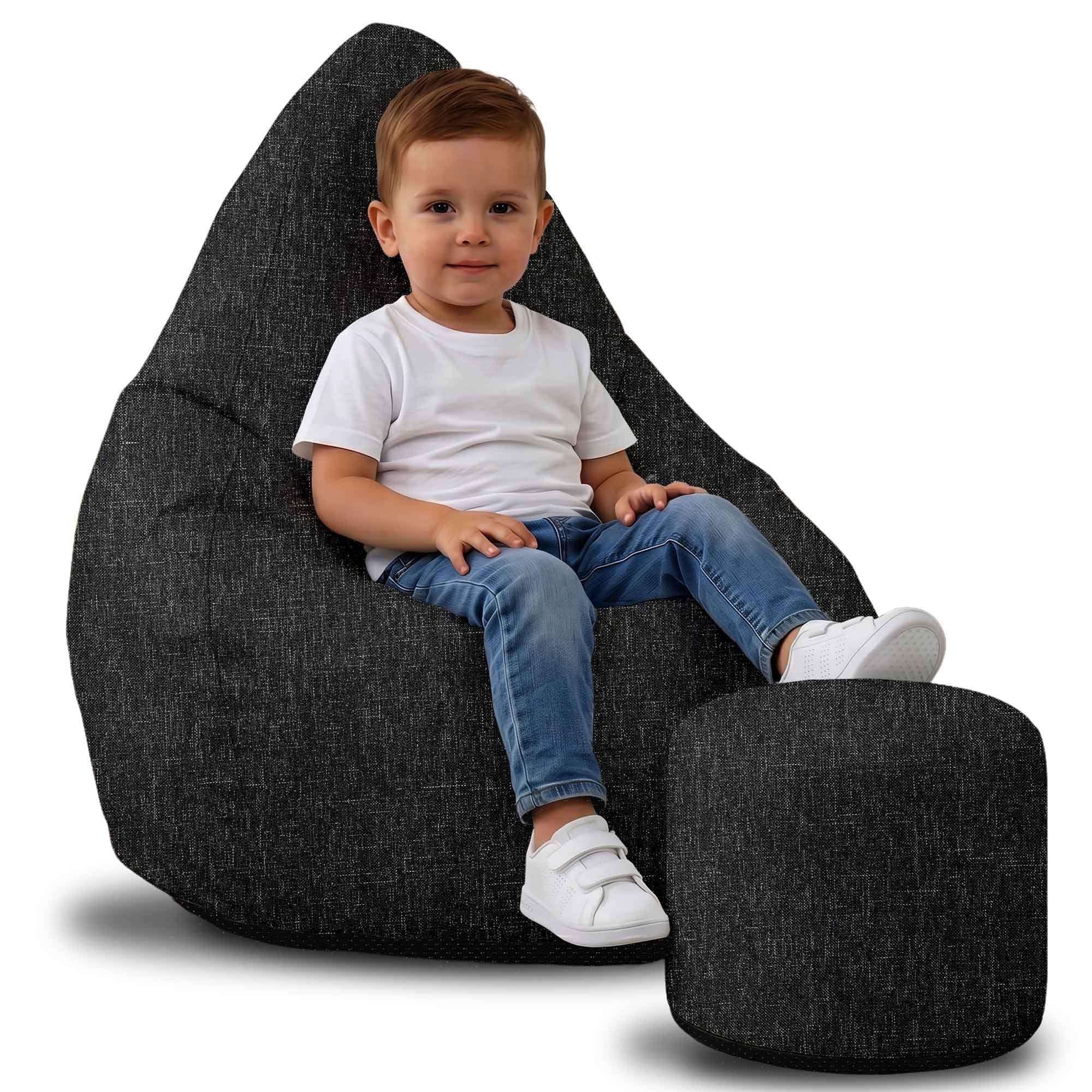 DreamRoots Sitzsack Outdoor Wetterfest - Bean Bag - Oxford 240 g/m² Leinenoptik - 8000 mm Wassersäule, UV-beständig - Mit Füllung & Hocker, rutschfest - Sitzsack für Kinder Schwarz