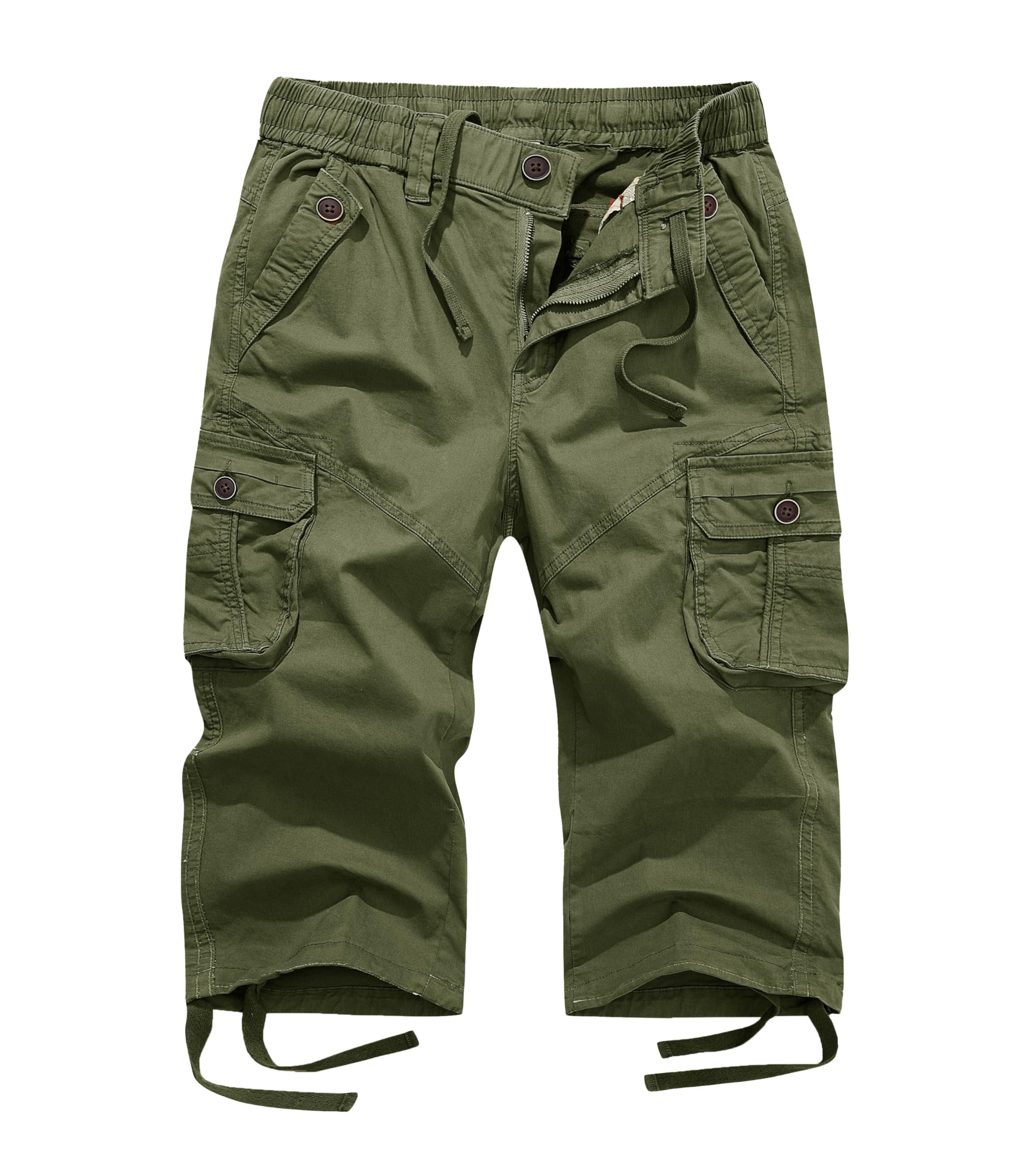 FOURSTEEDS Women's Mid Rise Cotton Capri Hiking Shorts Drawstring Multi Pocket Cargo Shorts Elastic Waist Cropped Cargo Pants Army Green 2XL