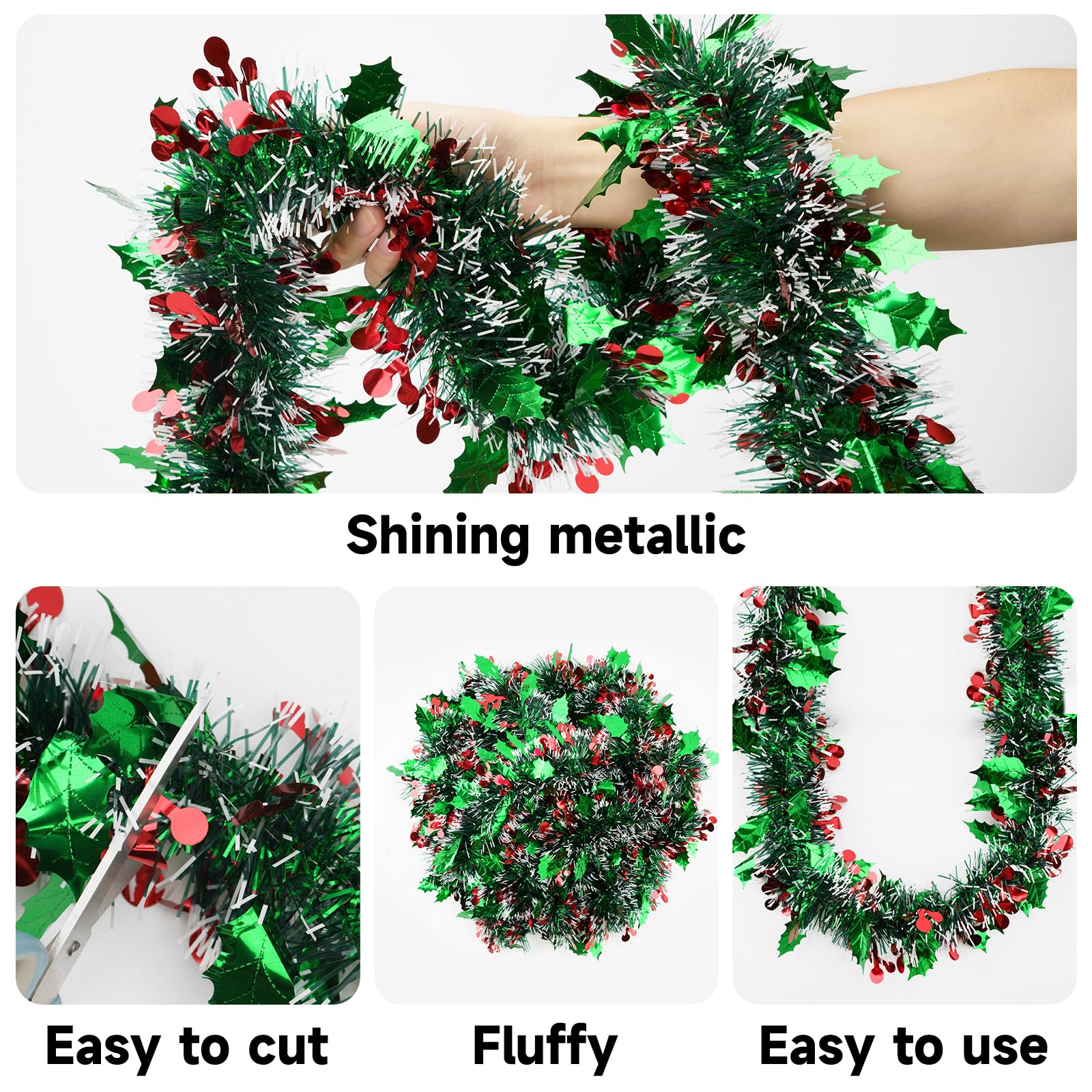 KINGLAKE Red Christmas Tinsel Garland, 10M x 9CM Thick Metallic Tinsel for Christmas Tree Decorations Party, Home - Image 3