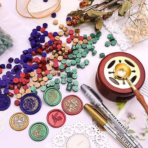 Miniatura 9 de SWANGSA Kit de sellado de cera de Navidad, 1450 cuentas de cera de sellado, kit de sellos de cera de Papá Noel, calentador de sello de cera, cuchara