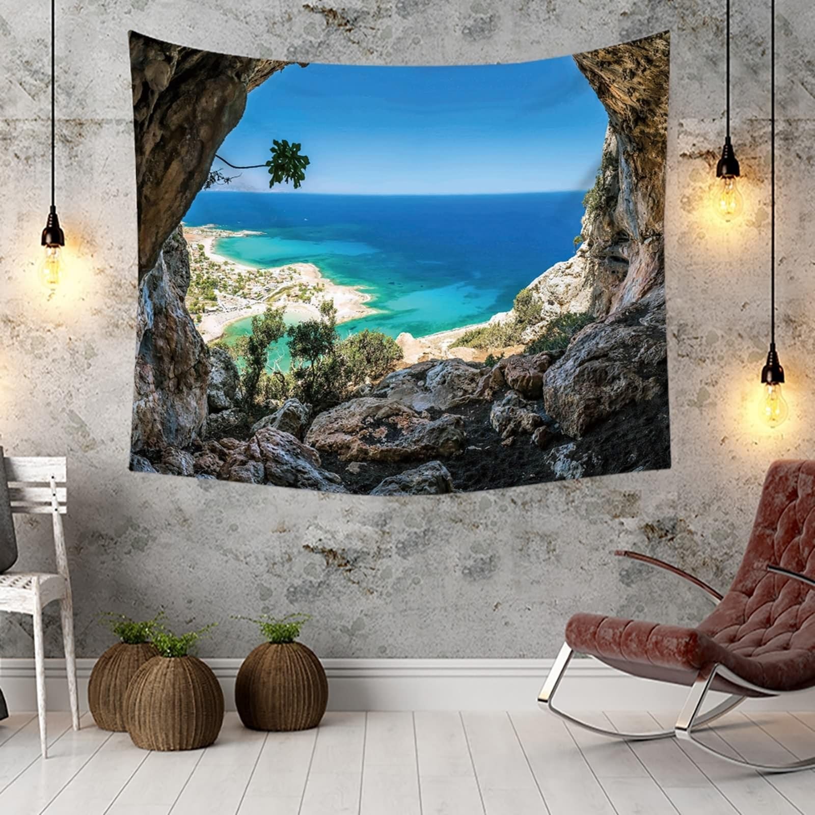 Tapiz decorativo para comedor, diseño de cueva, paisaje costero, gris, azul, verde, microfibra, 200 x 200 cm (ancho x alto)
