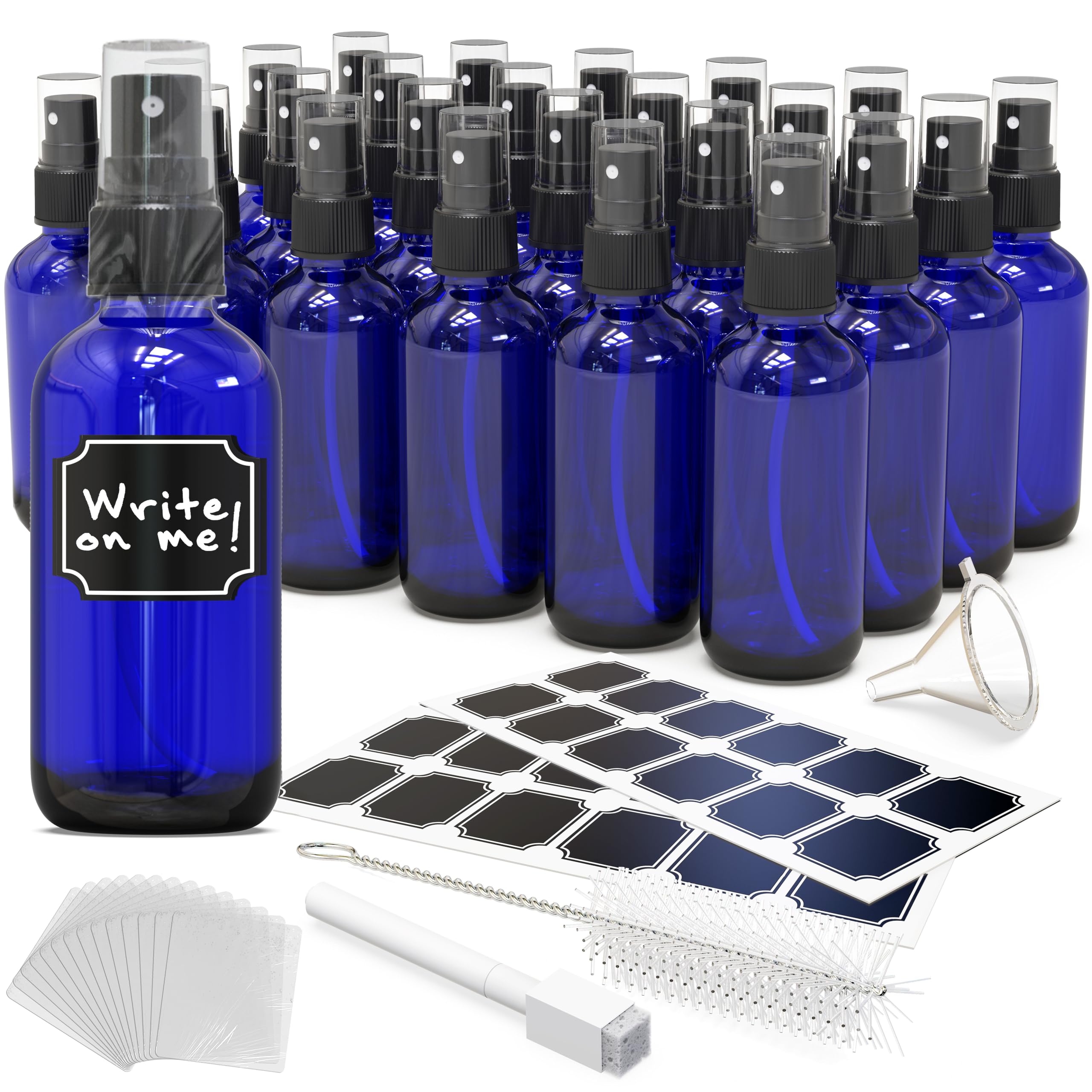 Nevlers Blue Glass Spray Bottles 4 Oz 24 Pack | Small Spray Bottles Mist Sprayer Set w/Shrink Wrap, Funnel, Brush, Marker & Labels | Dark Blue Glass Bottle for Use as Travel Size Perfume Refill Bottle