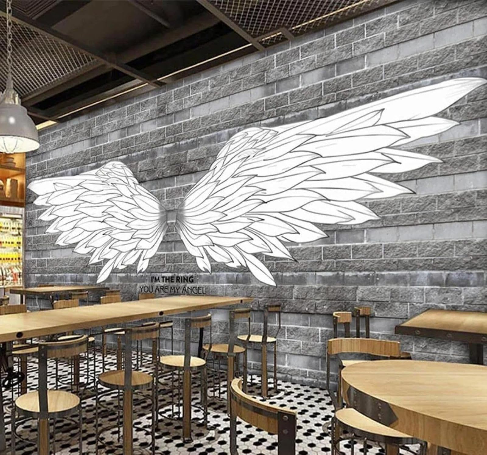 XLMING Grey Brick Wall Wings Café Restaurant 3D Wallpaper Premium Textured Silk Study Dining Living Room Bedroom Sofa TV Wall Easy Install-350cm×256cm