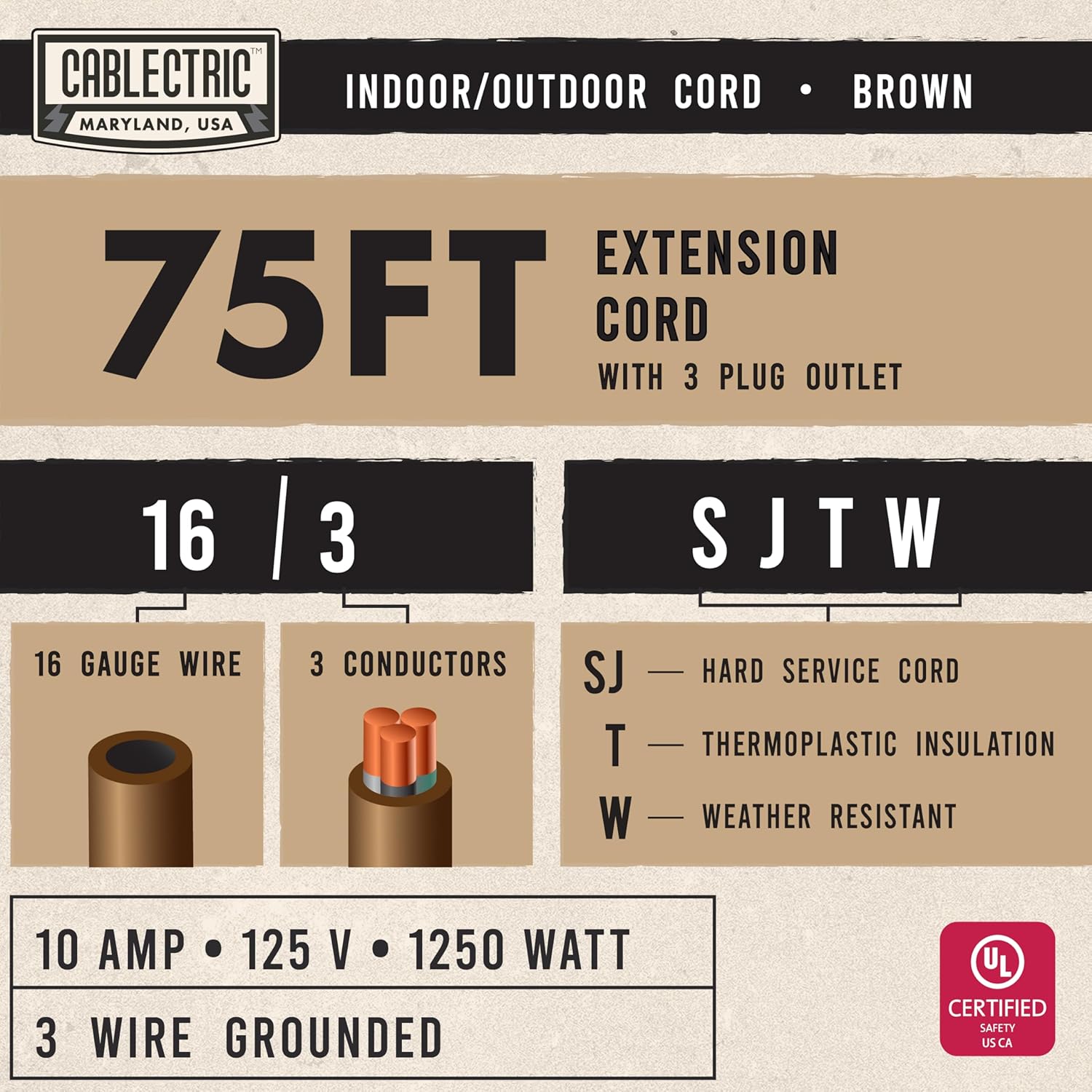 75 ft Brown Outdoor Extension Cord 3 Outlet Triple Tap, 16/3 SJTW Heavy Duty 16 Gauge Exterior Extension Cord with Multiple Outlets 3 Prong, Weatherproof Cable for Landscaping, Deck, Patio