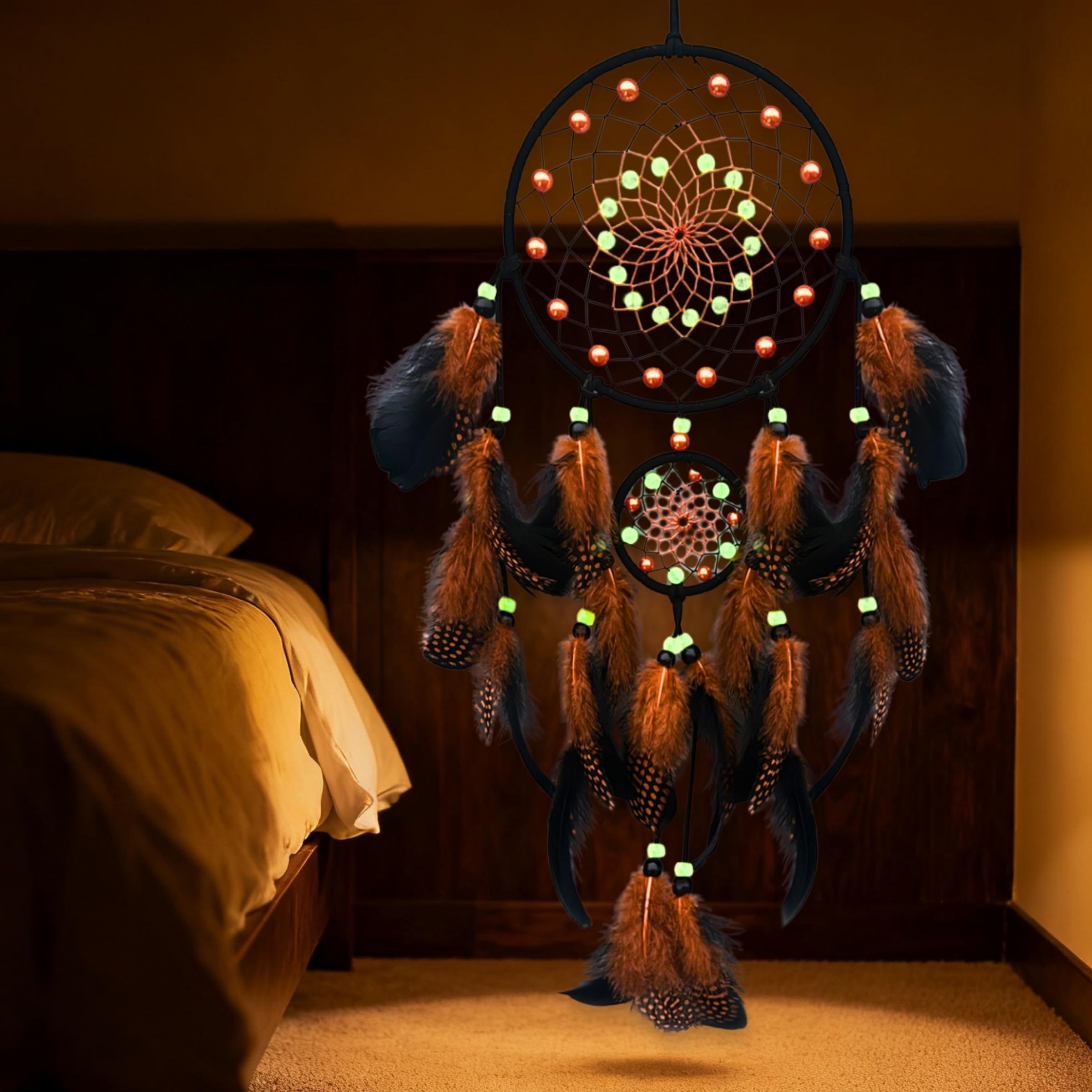 Traumfänger mit leuchtenden Perlen, handgefertigter Traumfänger für Erwachsene, Indianerdekor, hängende Wandverzierung für Schlafzimmer, Braun (Braun)