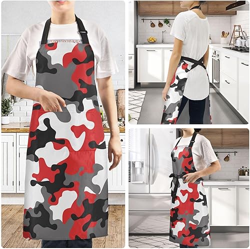 Miniatura 6 de KOPIRIT Delantales de camuflaje rojo y gris para mujeres y hombres con bolsillos, impermeable, delantal de cocina, jardinería, delantal de cocina