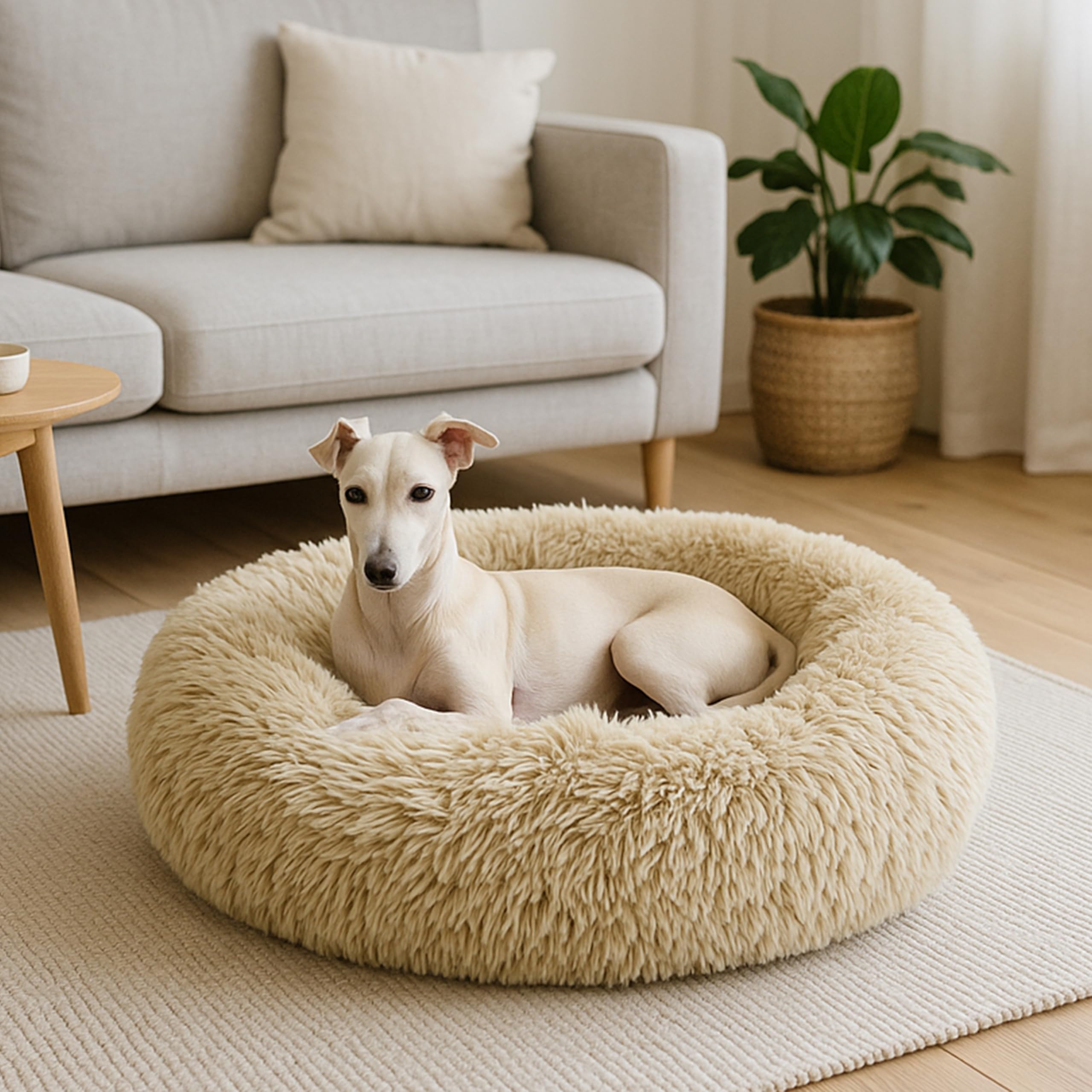 Lettino Per Cani E Cuscino Gatto 80 cm - Cuscino Cane Rotondo In Materiale Shaggy - Soffice Cuccia Cane Interno Con Fondo Antiscivolo - Cat Con Dog Bed Con Cerniera - Beige