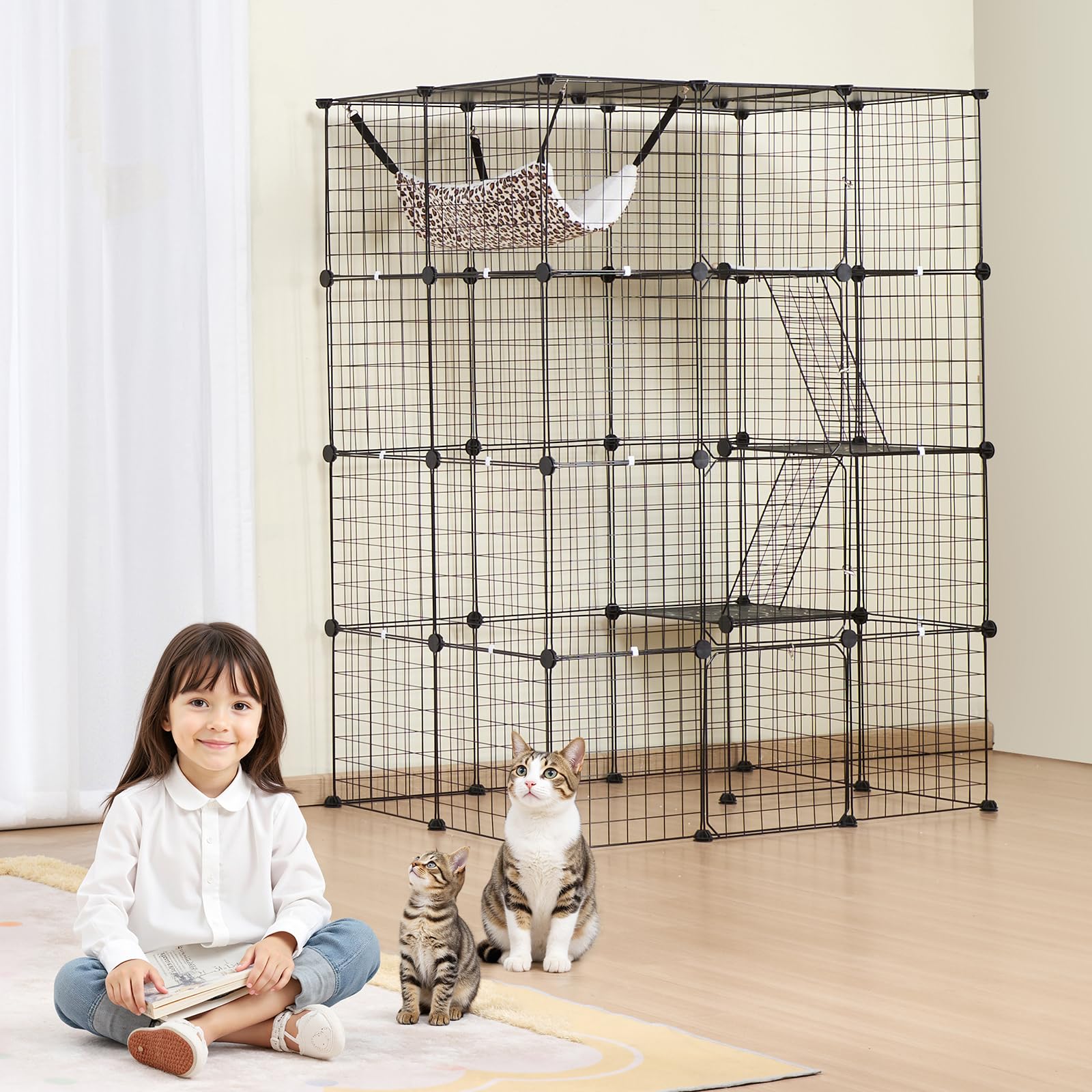 VEVOR Cage Chat 4 Niveaux, Grand Enclos Chats Fil Métallique Modulable Amovible à Monter, avec 4 Portes Avant, Échelle, Hamac, Espace Exercice Extérieur Intérieur pour Petits Animaux, 1041x711x1397 mm