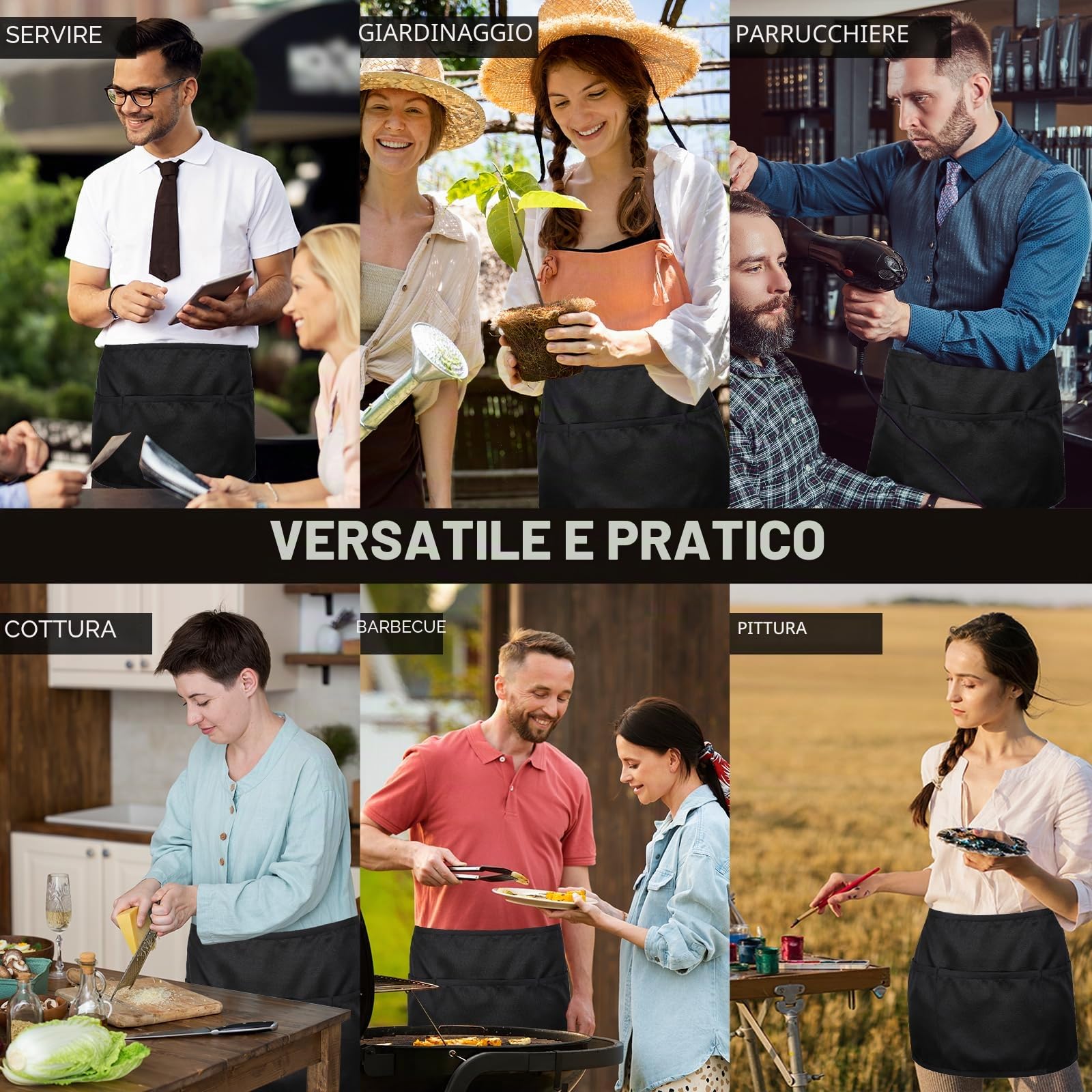 6 Pezzi Grembiuli, Mezzo Grembiuli da Cucina con 3 Tasche, Impermeabile Chef Grembiule per Uomini Donne, Grembiule Corto Cameriera Cameriere, Grembiule per Bistrot, Bar, Ristorante