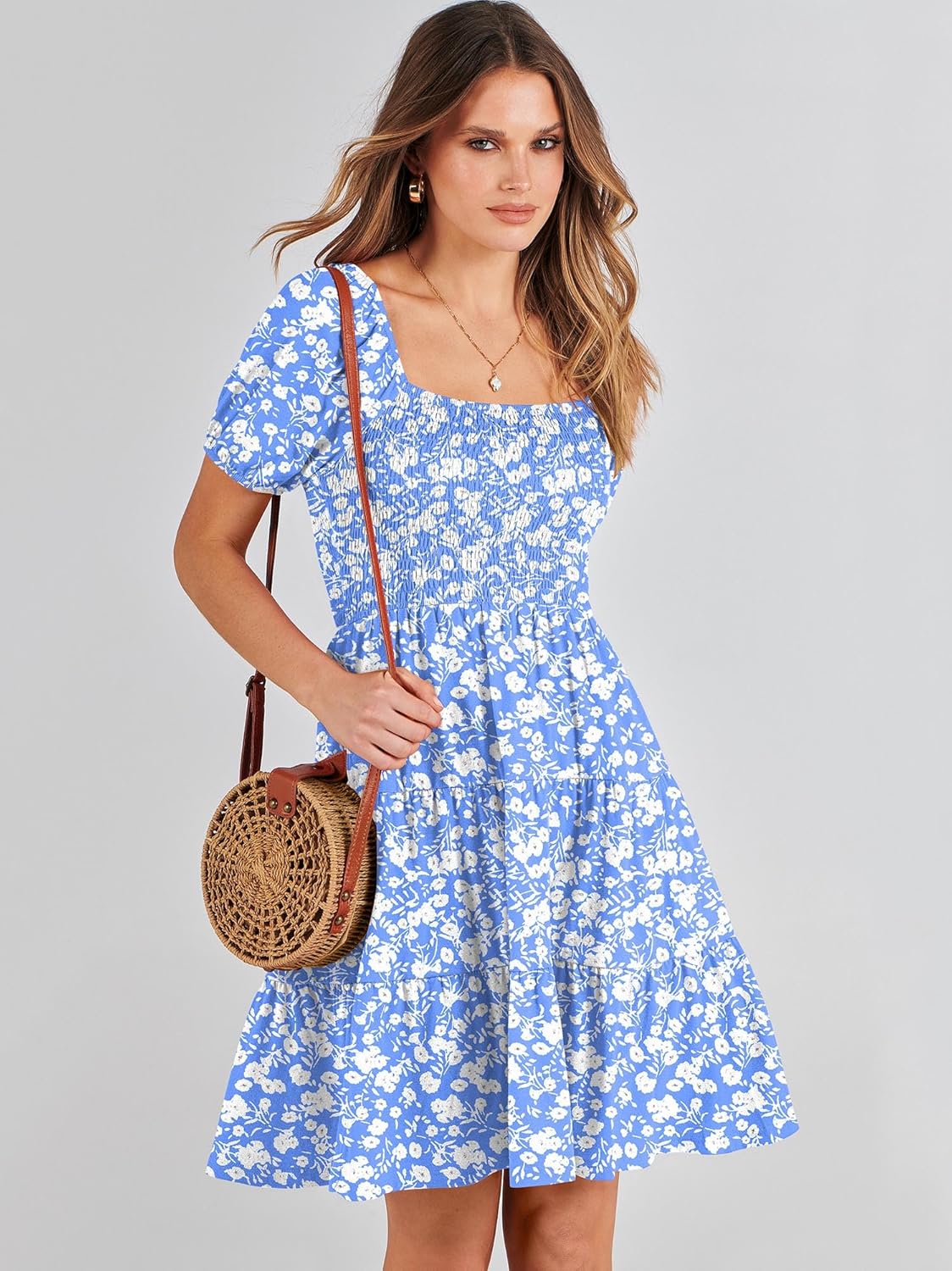 ANRABESS Womens 2026 Summer Casual Dress Square Neck Puff Sleeve Boho Beach Vacation Short Dress - Image 2