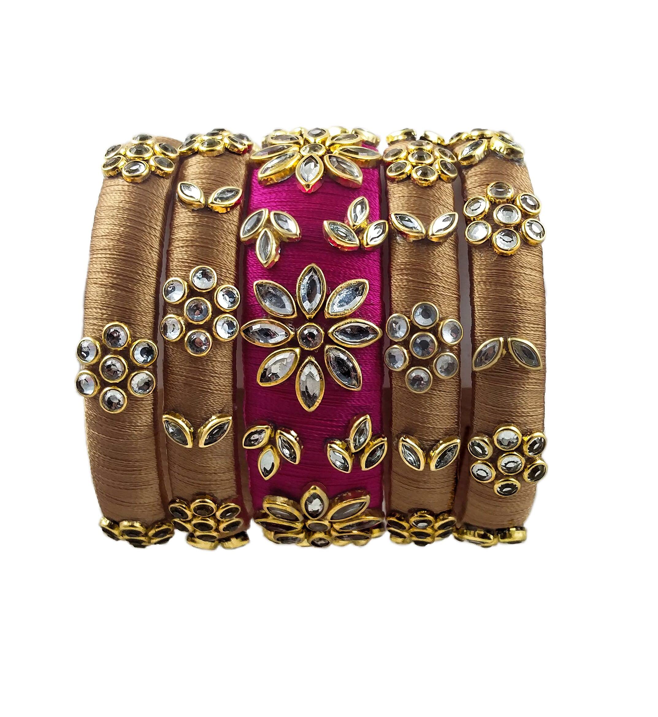 Yaalz Womens Silk Thread Rich Kundan Stone Designer Fancy Festival/Bridal/Wedding Chuda Bangles Set (Peanut and Dark Pink) (B094GXV9WS) Amazon Price History, Amazon Price Tracker