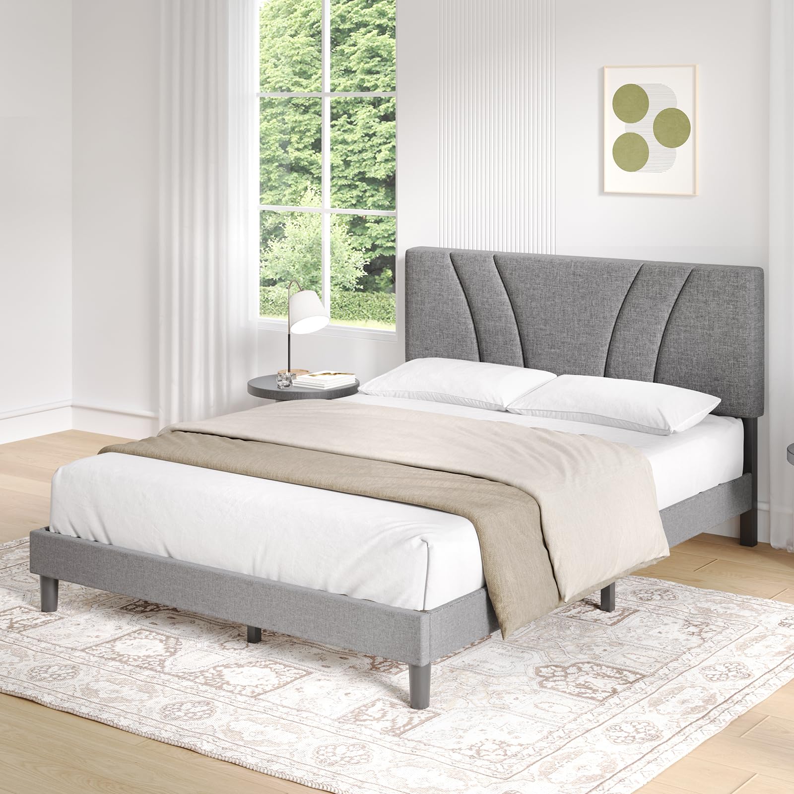 Novilla Somier 180 x 200 cm de Listones de Madera, Estructura de Cama de Laminas de chopo, cabecero tapizado Alto y cómodo de apoyarse, Fácil de Montar, Gris