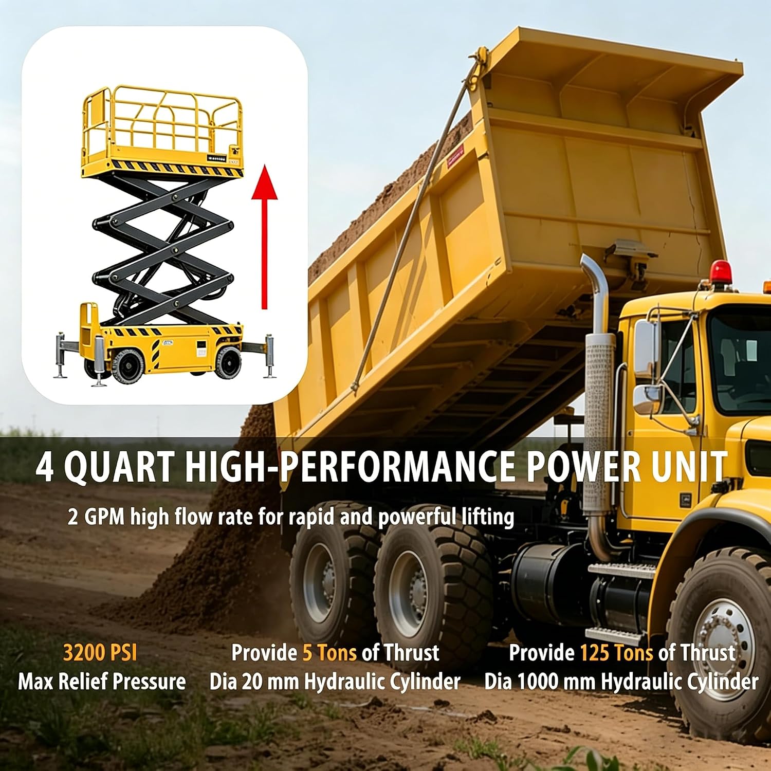 Double Acting Hydraulic Pump 4 Quart Hydraulic Power Units 12V DC Hydraulic Pump SAE #6 Connector for Dump Trailer Car Lifting