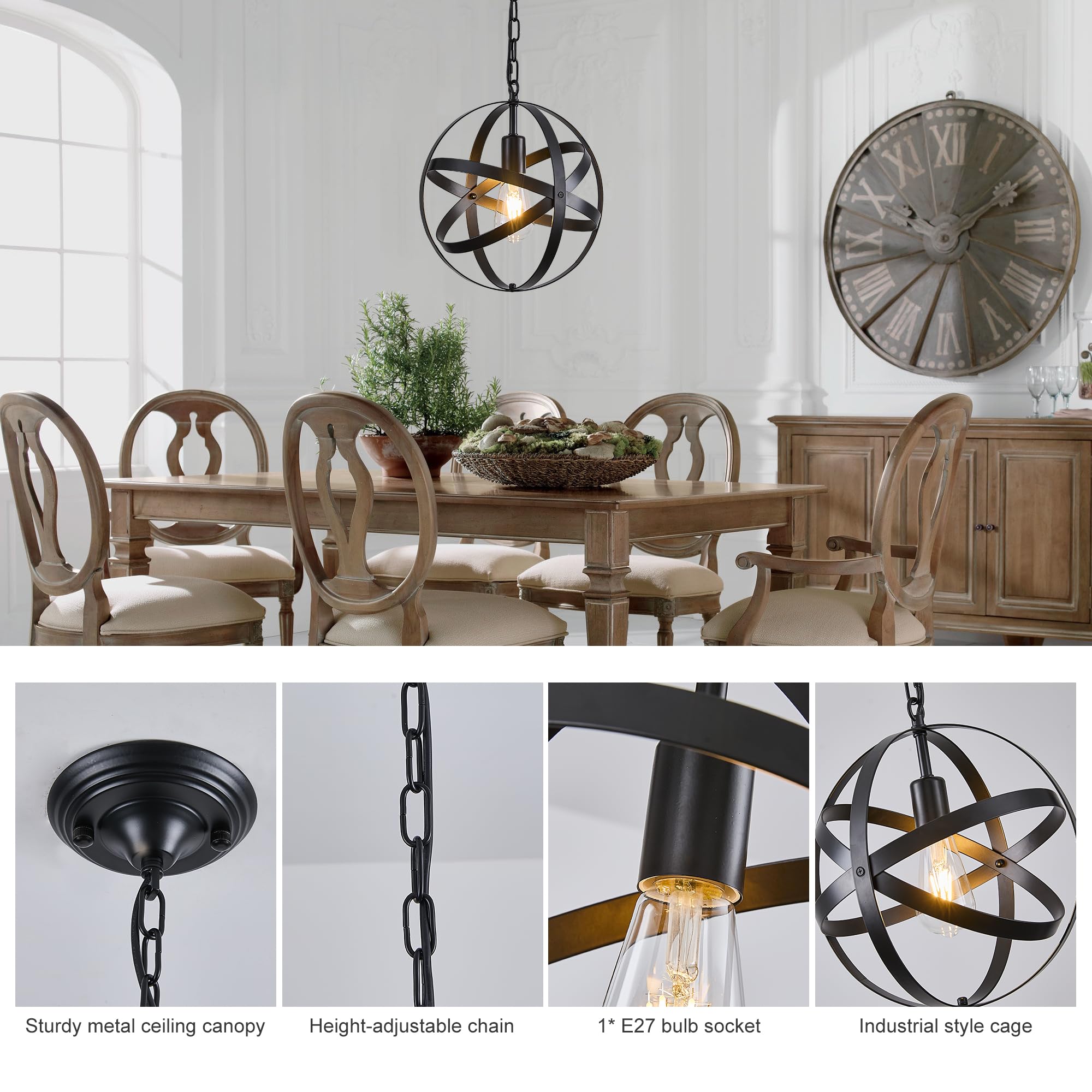 Ganeed Lampa wisząca Industrial Globe Vintage Żyrandol E27 Czarny 1 Światło