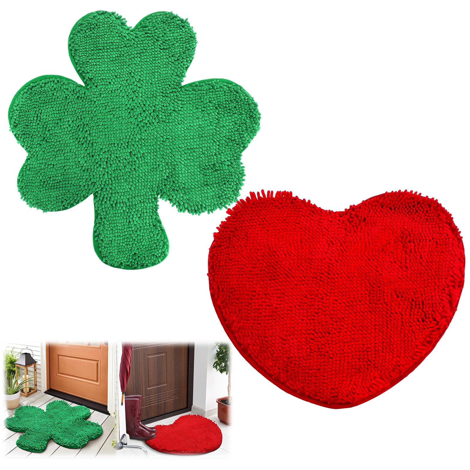 Tinideya 2 Pcs 20x24in Heart Rug 26x27in St. Patrick's Day Shamrock Doormat Heart Shaped Door Mat Soft Fluffy Area Non Slip Bath Rug for Home Bedroom