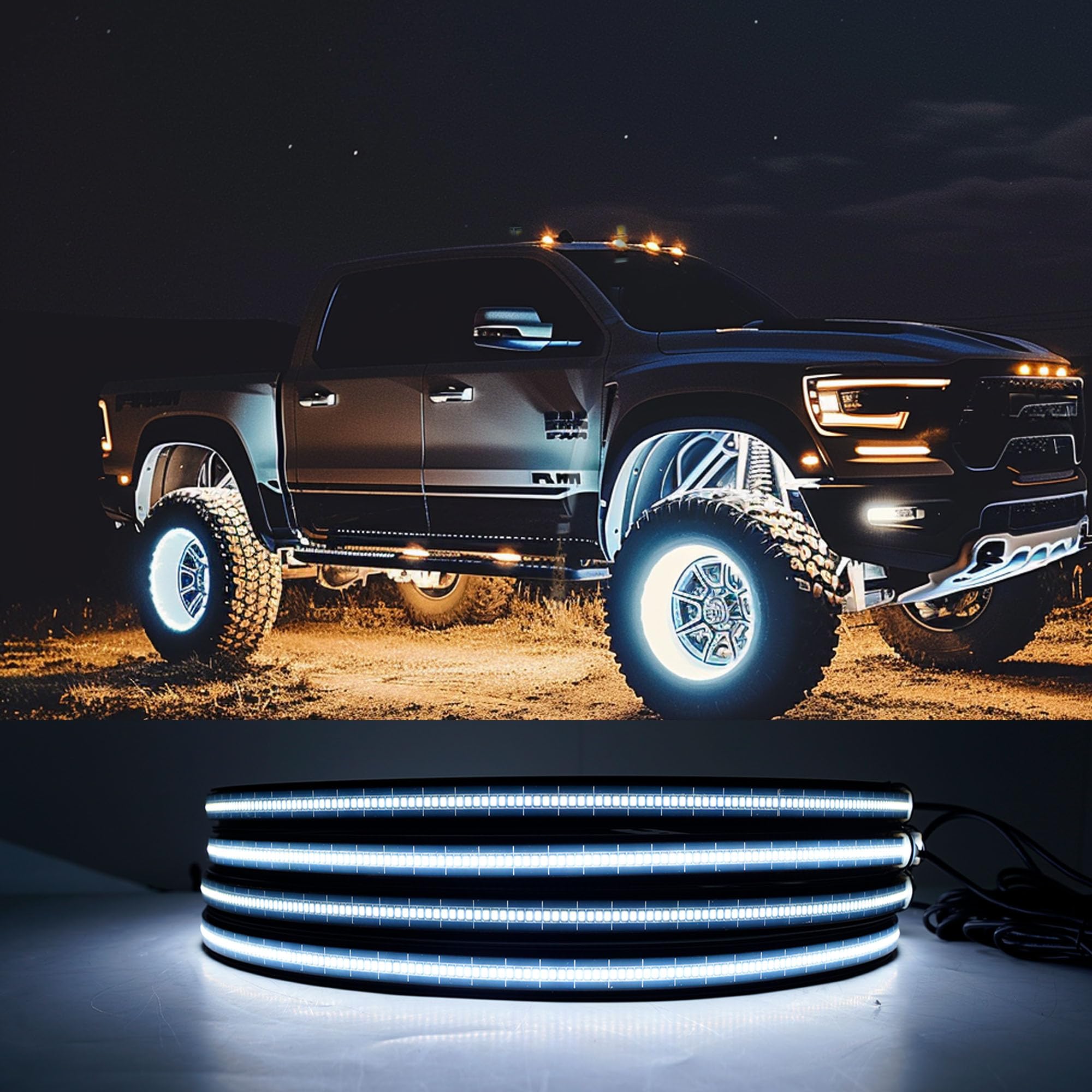 17In Pure White Truck Wheel Lights with 1616 LEDs Super Bright High Density Illumination, IP67 Waterproof Dual Zone Controller and Swing Flashing Mode, Smoked Kit Design for Cars Trucks Off-Road