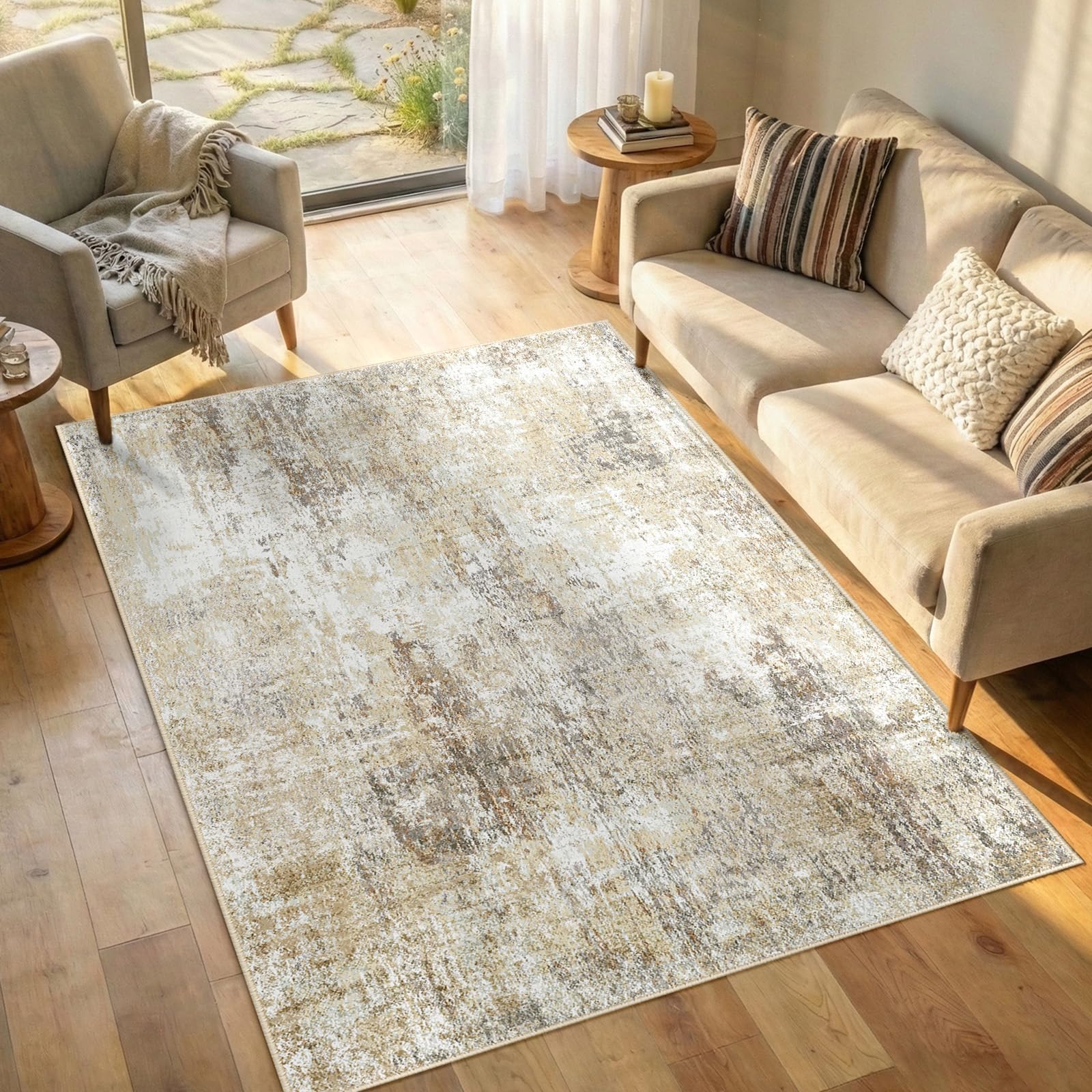 Tapis moderne abstrait lavable pour salon et cuisine antidérapant marron