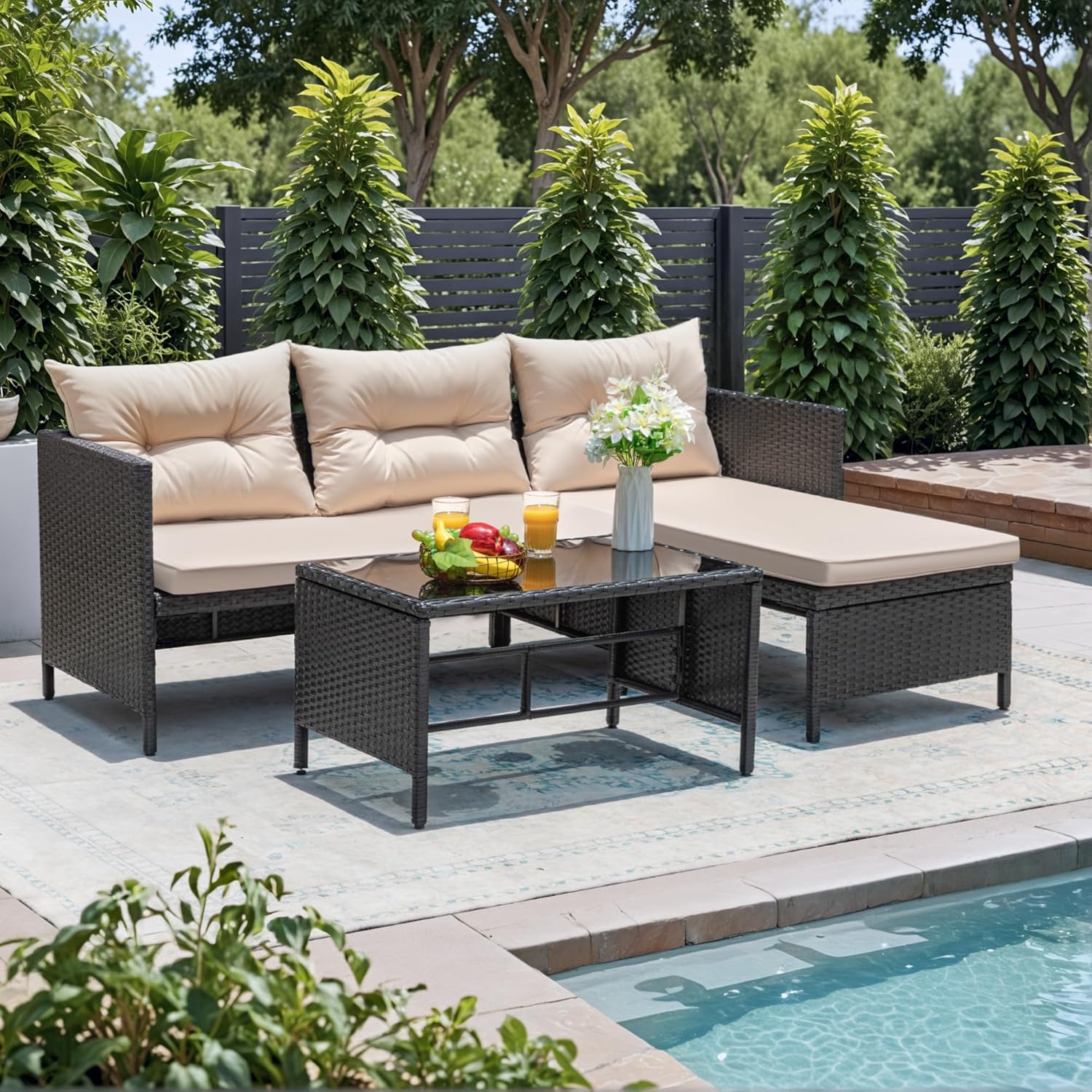 Greesum 3 Piece Patio Furniture Set Outdoor Wicker Rattan Sectional Sofa with Cushions & Coffee Table for Yard, Garden, Porch, Poolside, Light Beige Greesum 3 Piece Patio Furniture Set Outdoor Wicker Rattan Sectional Sofa with Cushions & Coffee Table for Yard, Garden, Porch, Poolside, Light Beige