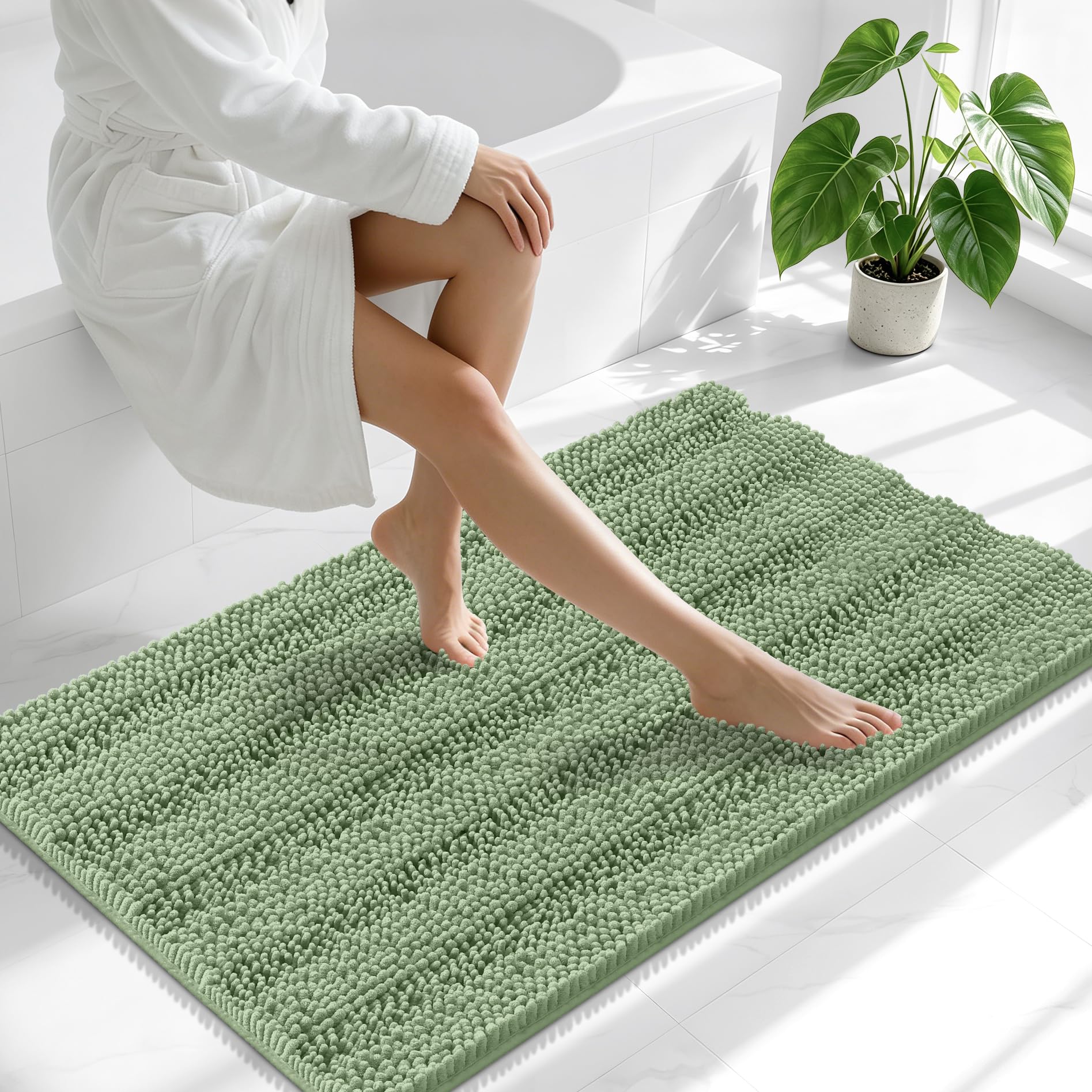 Smiry Thick Chenille Large Bathroom Runner Rugs 40x24, Bath Mat, Sage Green
