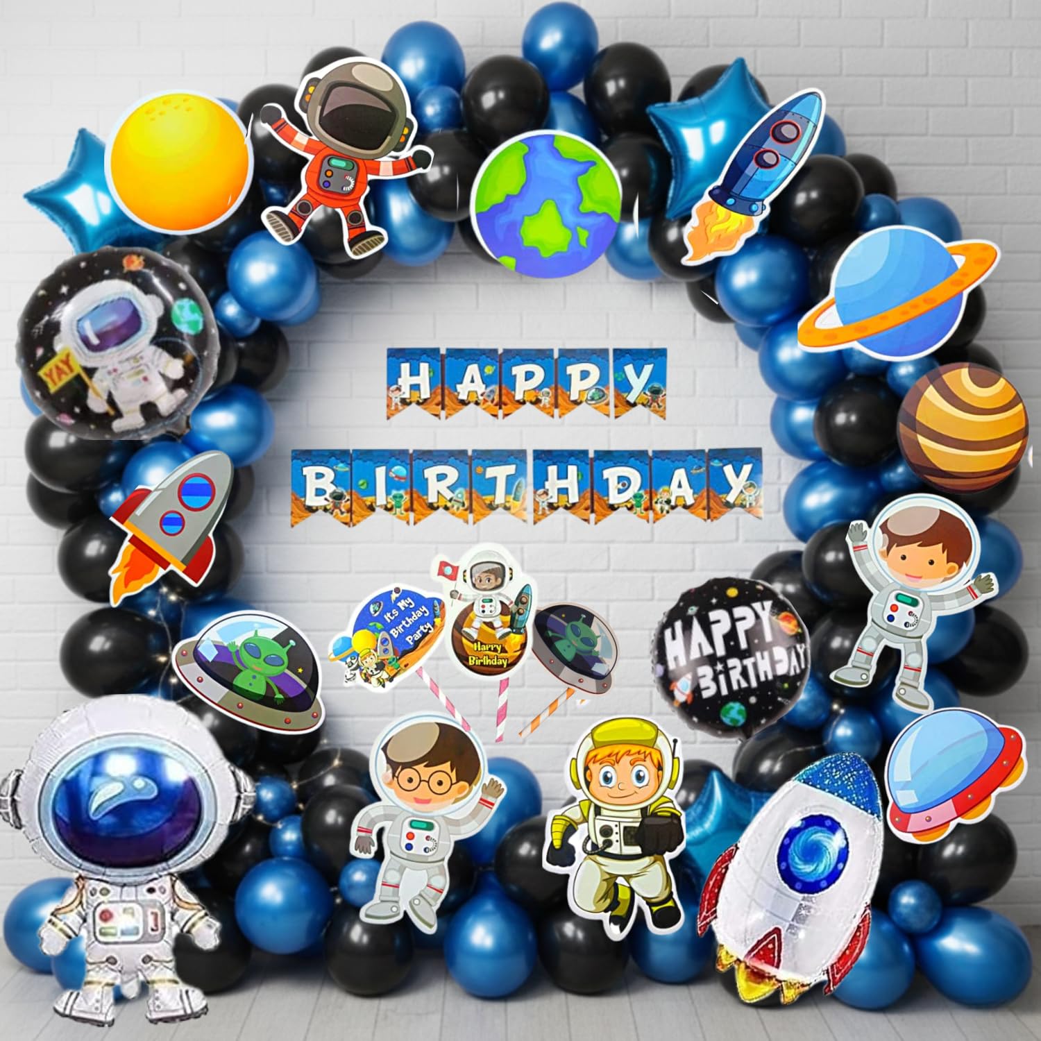 55 pcs Space Theme Birthday Decoration Kit Banner Planet Astronaut Cutouts Cake Topper Props Metallic Balloon Happy Birthday Space Theme Decoration for Boys (Pack of 55, Multicolor)