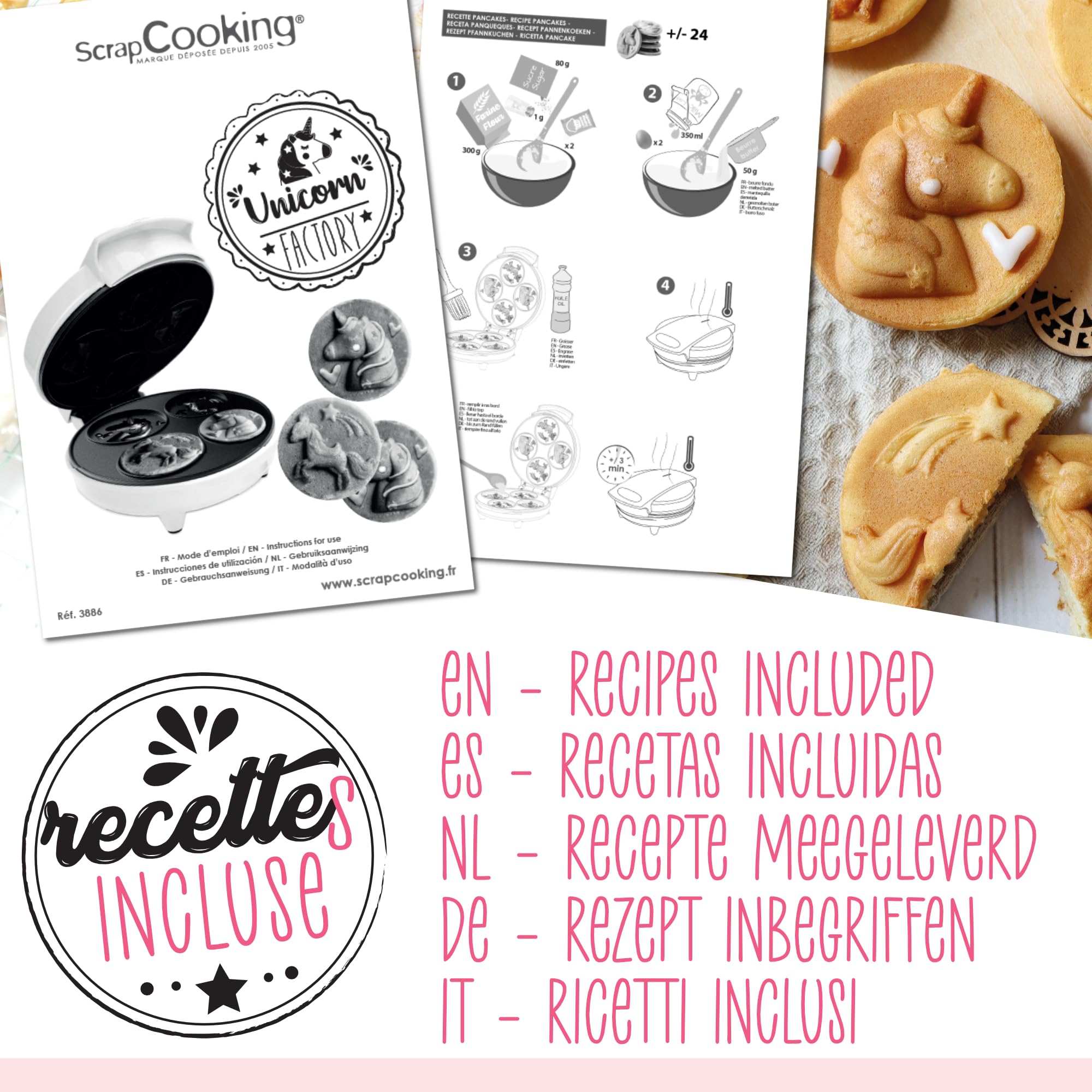 ScrapCooking - Máquina de Gofres y Pancakes Unicornio - Unicorn Waffle Factory - Placa Calefactora Antiadherente - Idea de Regalo para Repostería y Cocina - Receta Incluida - Rosa - 3886