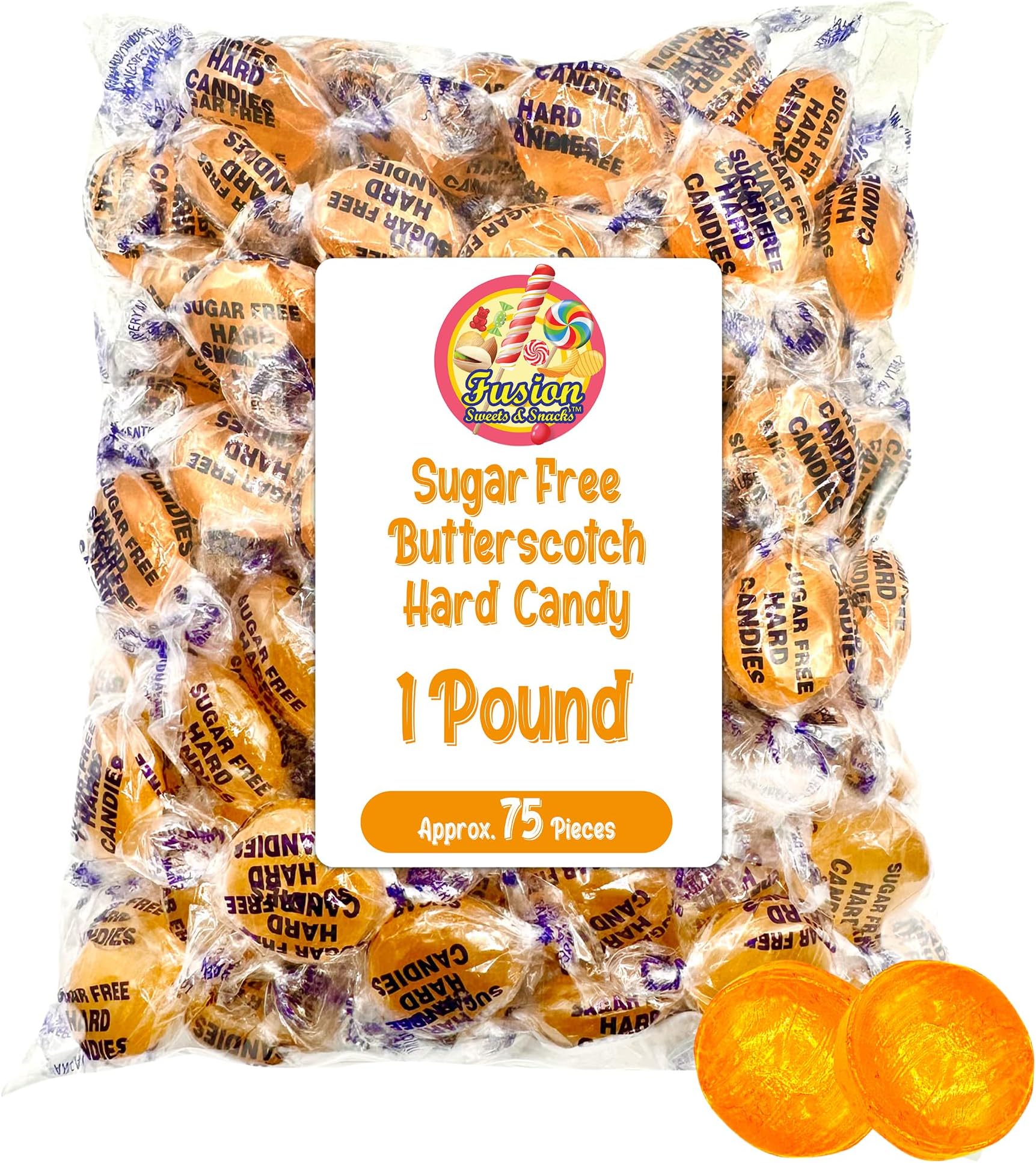 Sugar Free Butterscotch Hard Candy Arcor - 1LB Bag (About 75 Pieces) Of Individually Wrapped Sugar Free Butterscotch Buttons, Butter Scotch Bulk Candy