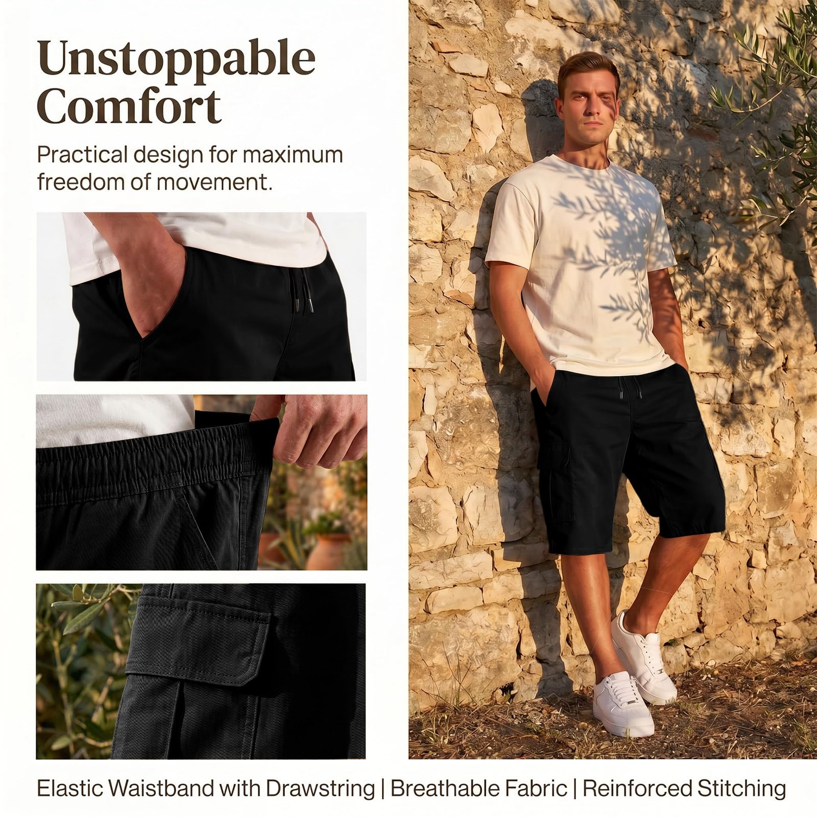 MOKBAY Pantalones Cortos para Hombre Senderismo Pantalon Corto Sin Cinturón Bermudas Cargo Cargo Shorts Hombre con Bolsillo