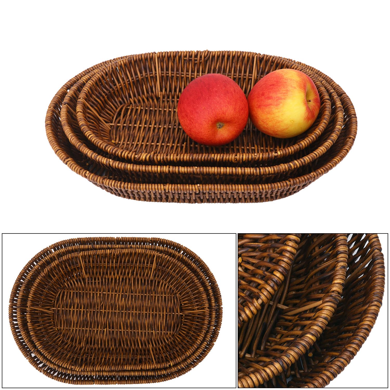 Juego de 3 cestas de mimbre ovaladas tejidas a mano, 3 tamaños versátiles para pan, frutas y cosméticos, cestas de pan para servir, adecuadas para encimera de cocina, mesa de comedor y