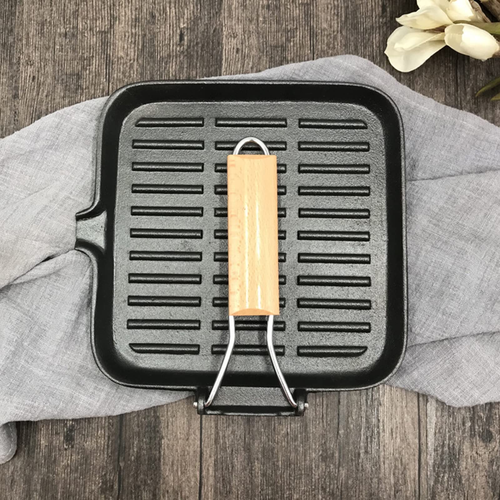 Padella in ghisa per barbecue, antiaderente, facile da pulire, pieghevole, 22 cm, ideale per bistecca da campeggio